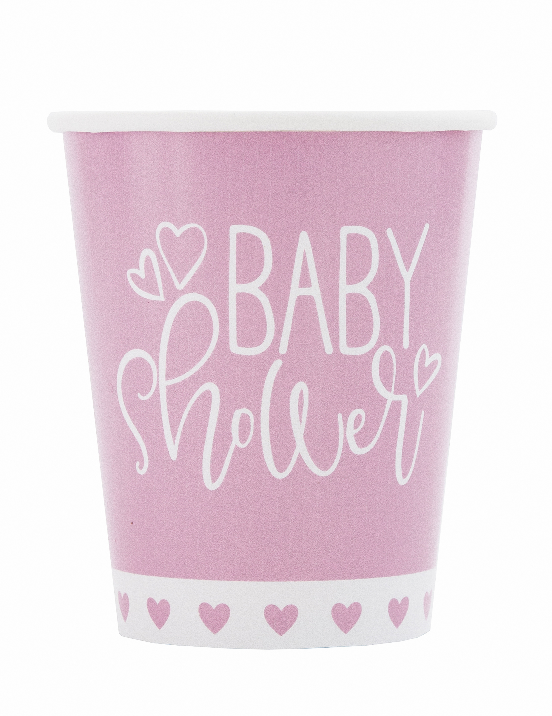 8 Baby Shower Pappbecher Rosa + Weiß 266ml mit Herzchen