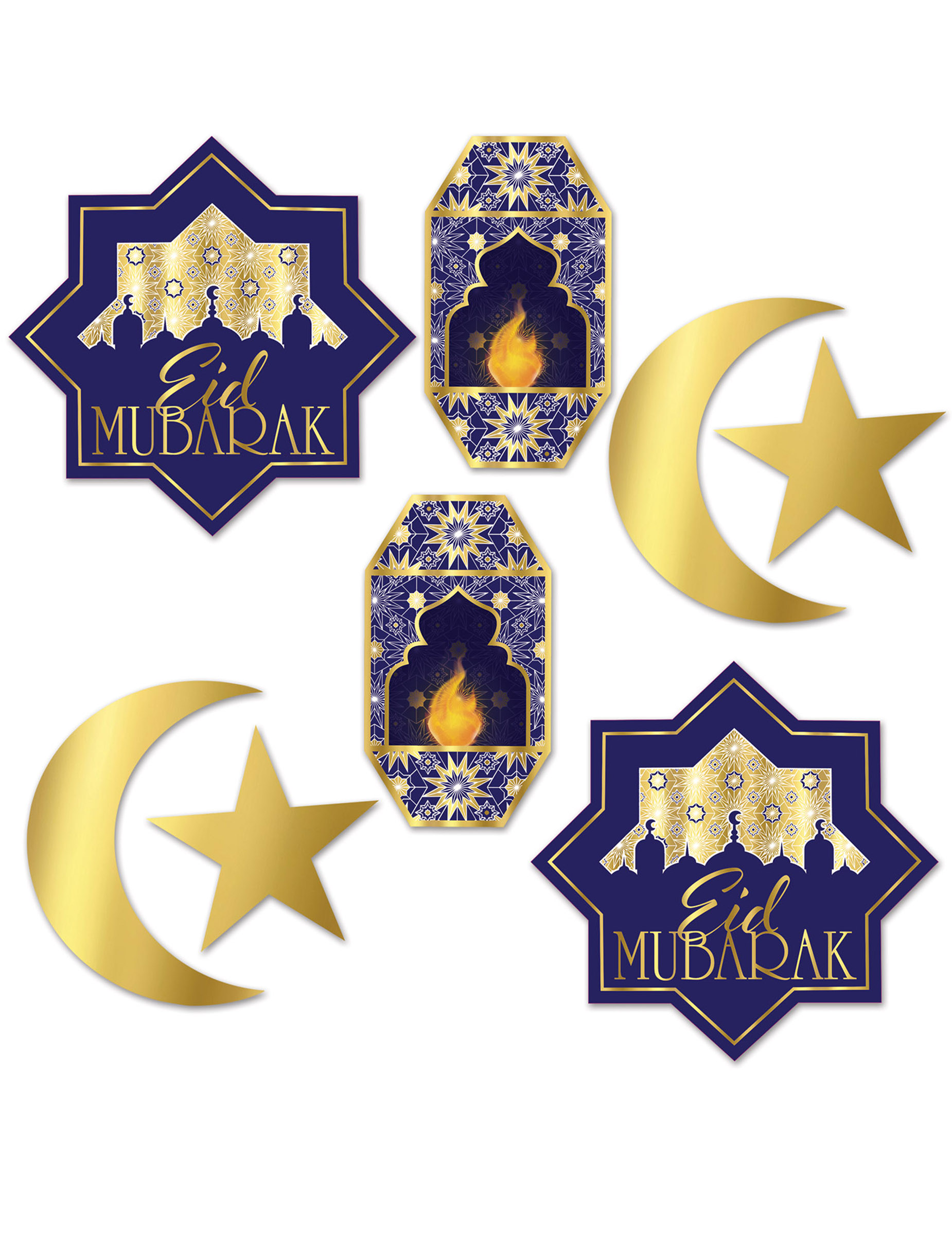 8 Eid Mubarak Papp-Dekorationen Blau + Gold Monde und Laternen
