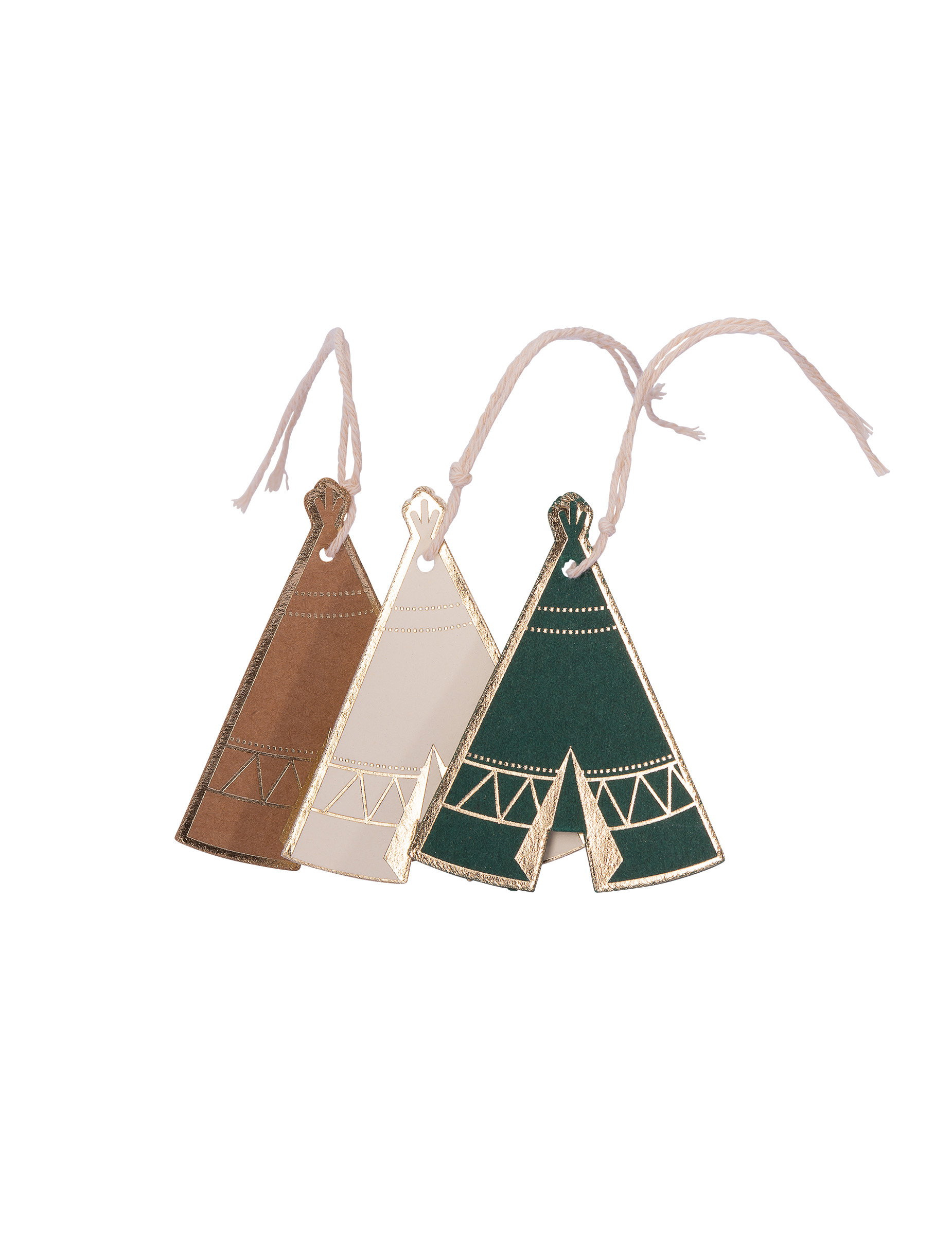 8 Geschenkanhänger Tipi Indian Forest Kraftpapier Grün Elfenbein Gold mit Kordel