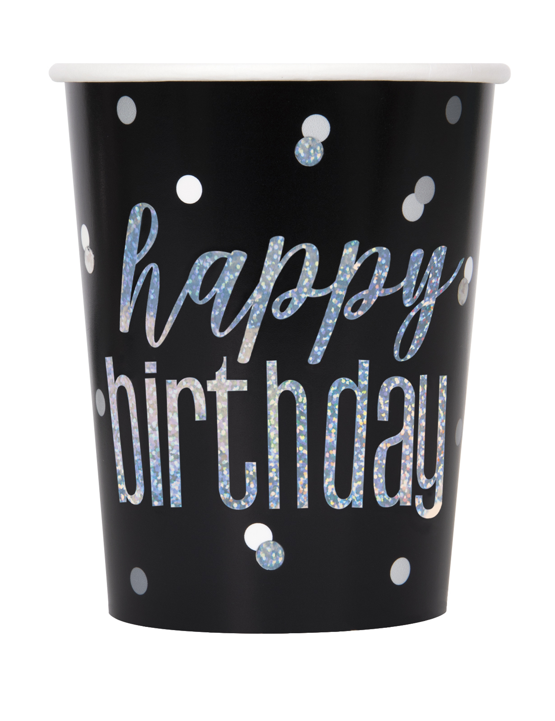 8 Happy Birthday Pappbecher Schwarz-Grau 270 ml Glitzer-Konfetti