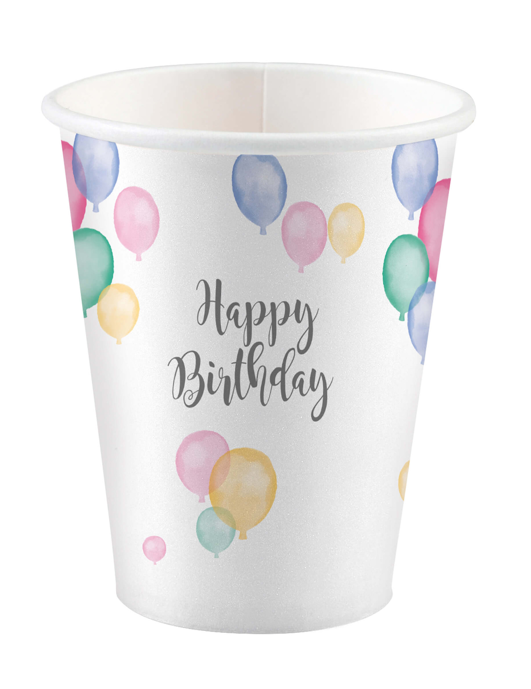 8 Happy Birthday Pappbecher mit Pastell-Ballons 250ml Party-Deko