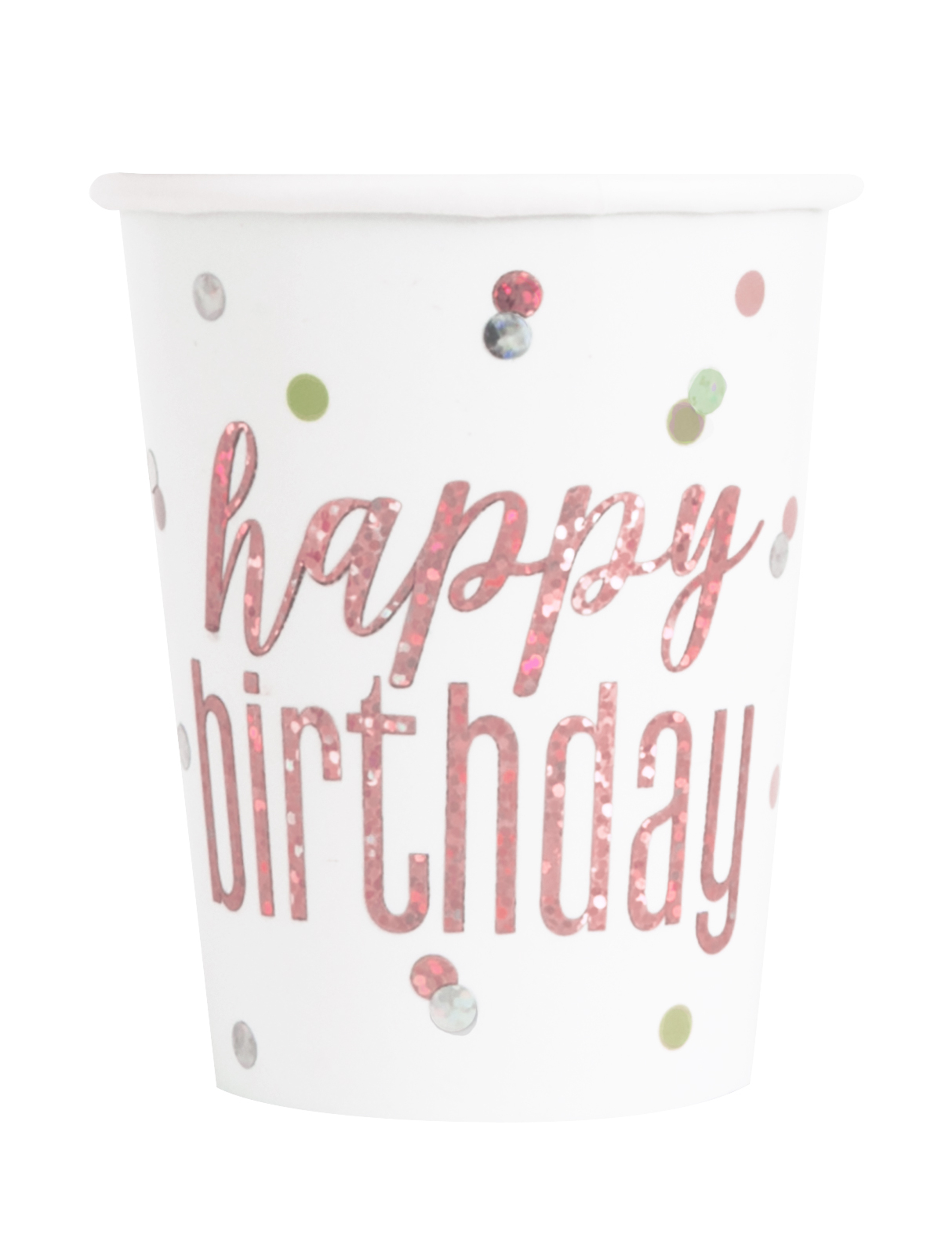 8 Happy Birthday Pappbecher weiß-pink glitzernd 266ml Punkte