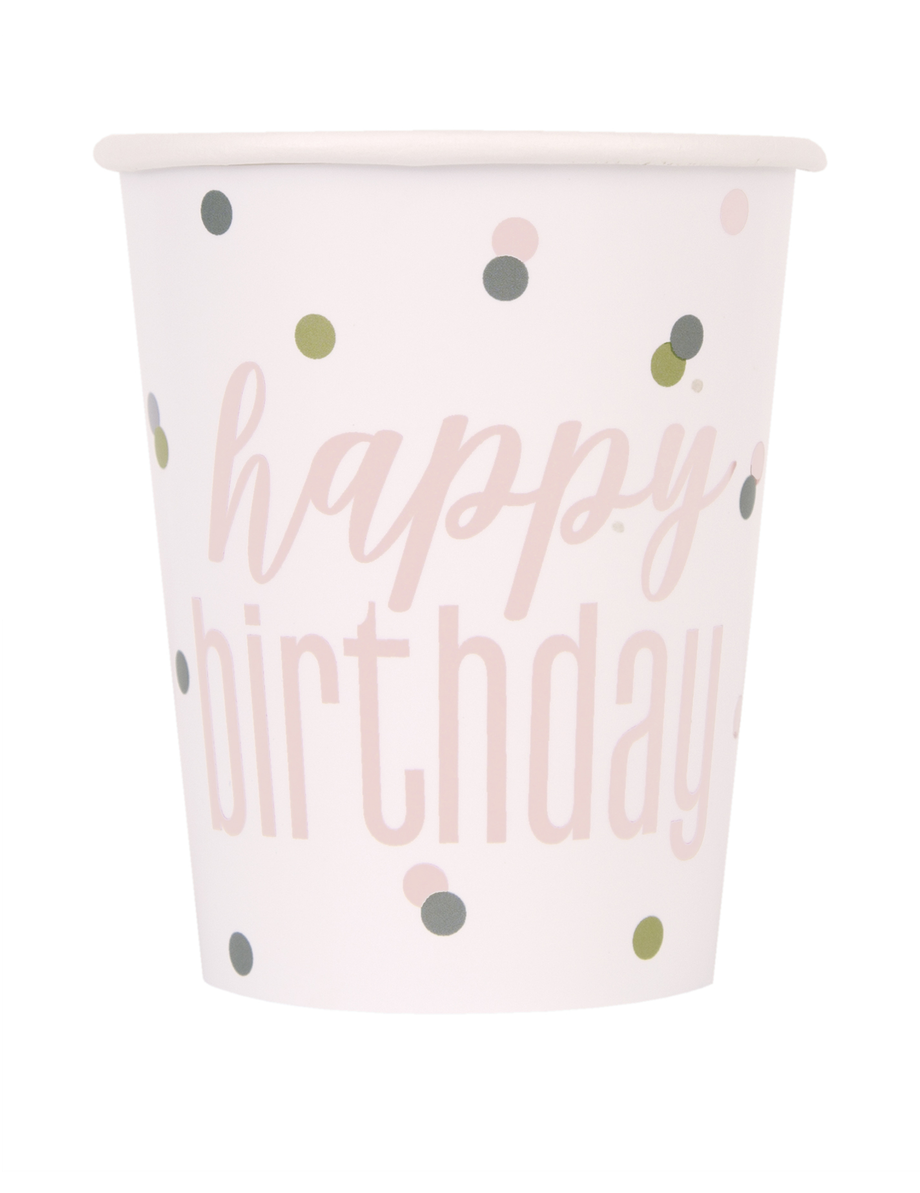 8 Happy Birthday Pappbecher weiß-rosa 266ml mit Punkten
