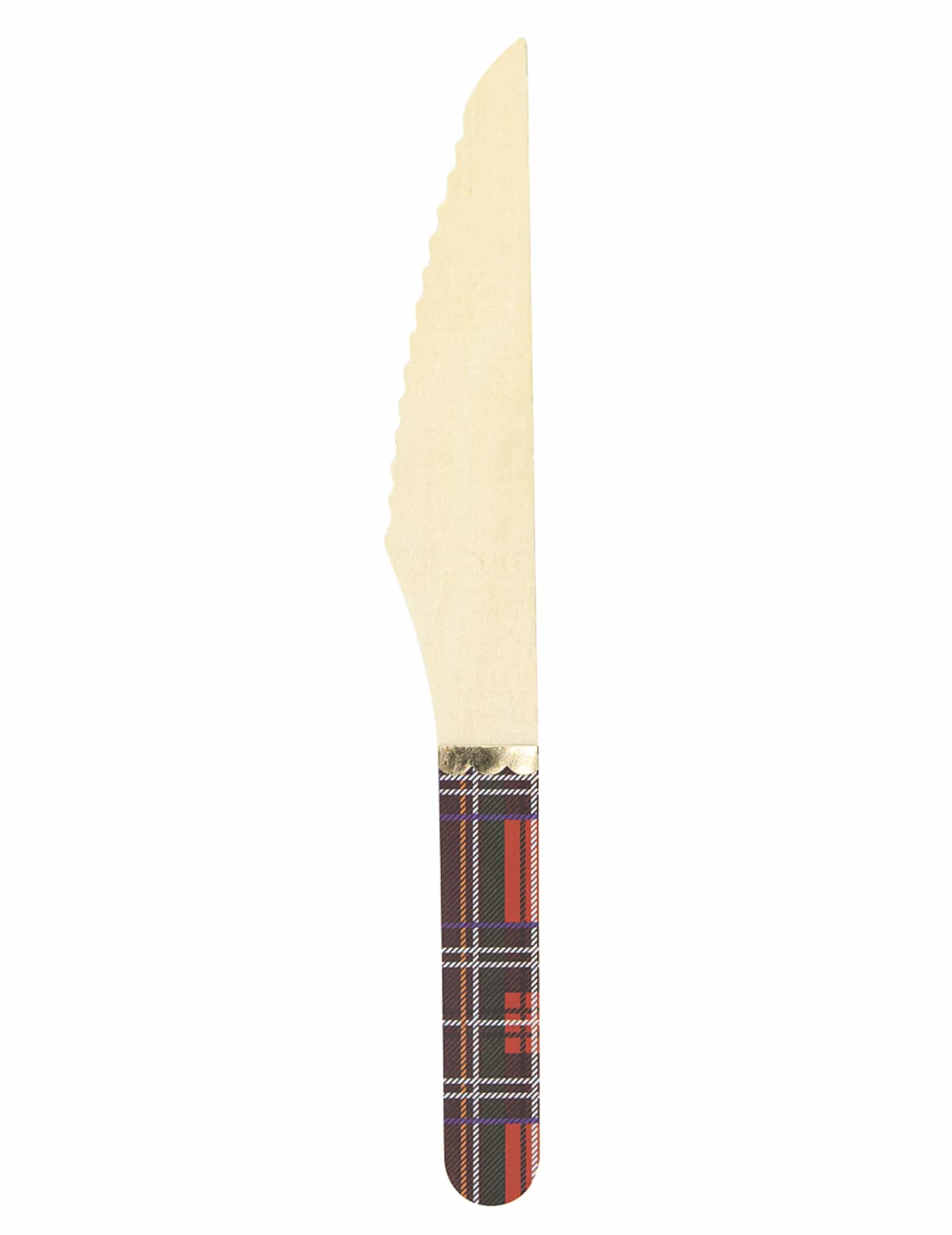 8 Holz-Messer mit Tartan-Muster zu Weihnachten 16 cm Goldborte