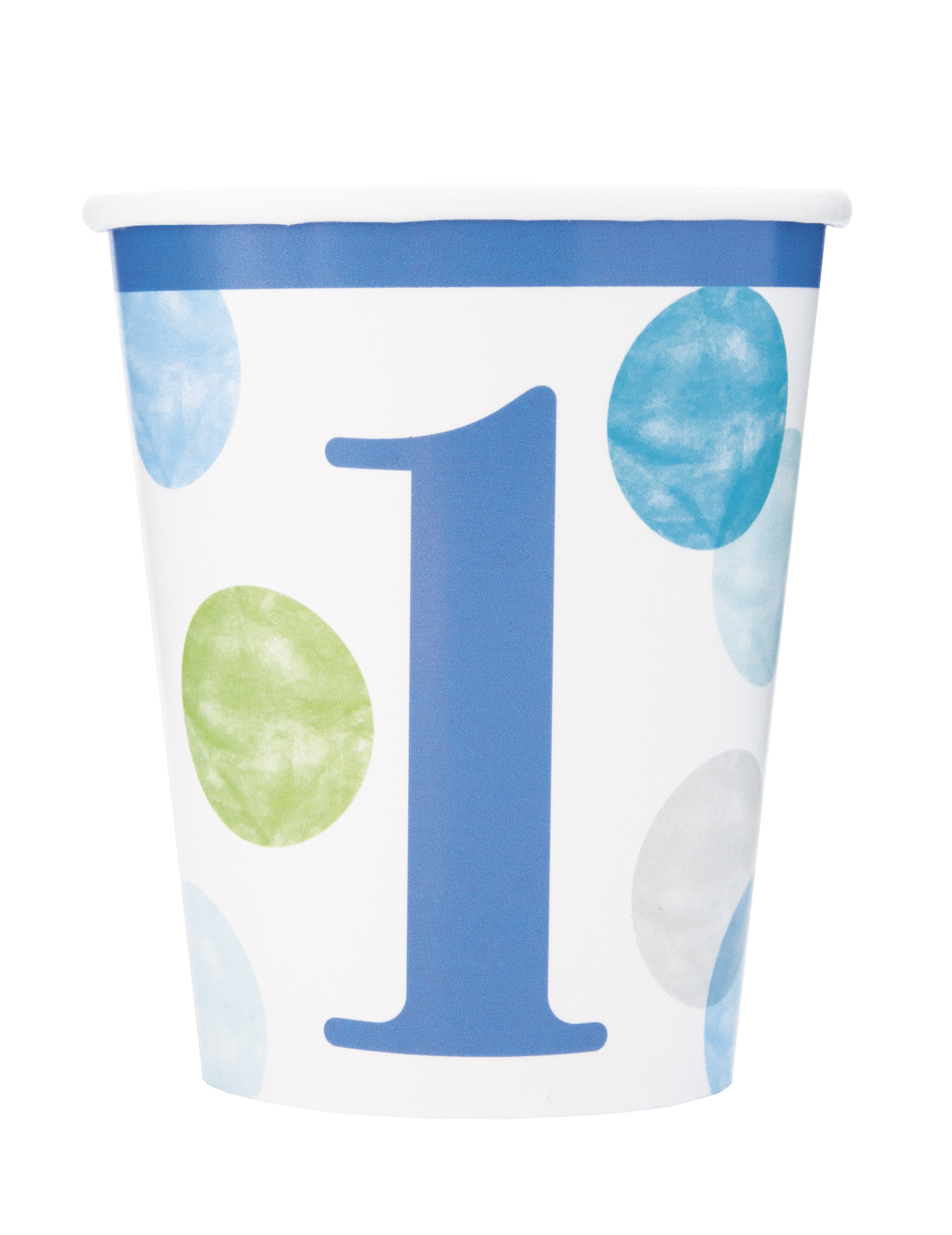 8 Pappbecher 1. Geburtstag blau + weiß 266ml Pastell-Punkte