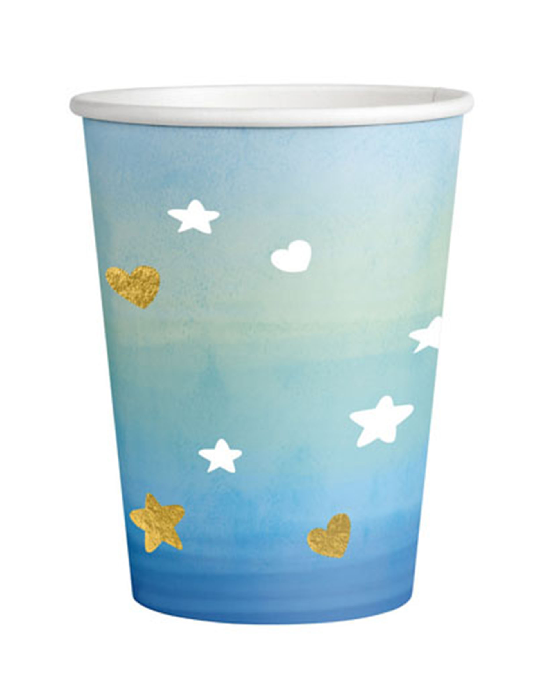 8 Pappbecher Oh Baby Blau + Gold 250ml Sterne + Herzen