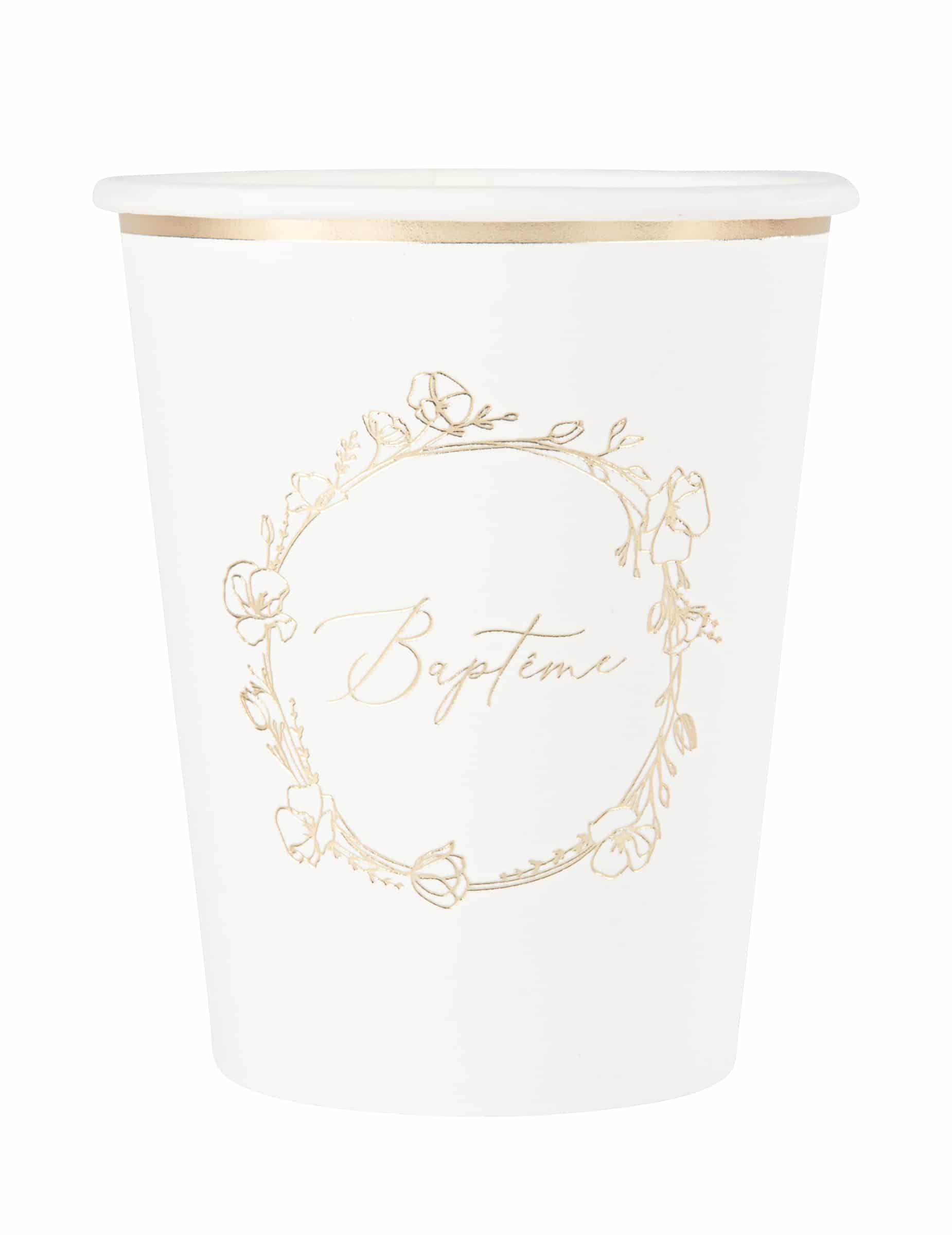 8 Pappbecher Taufe 255ml goldene Blumen