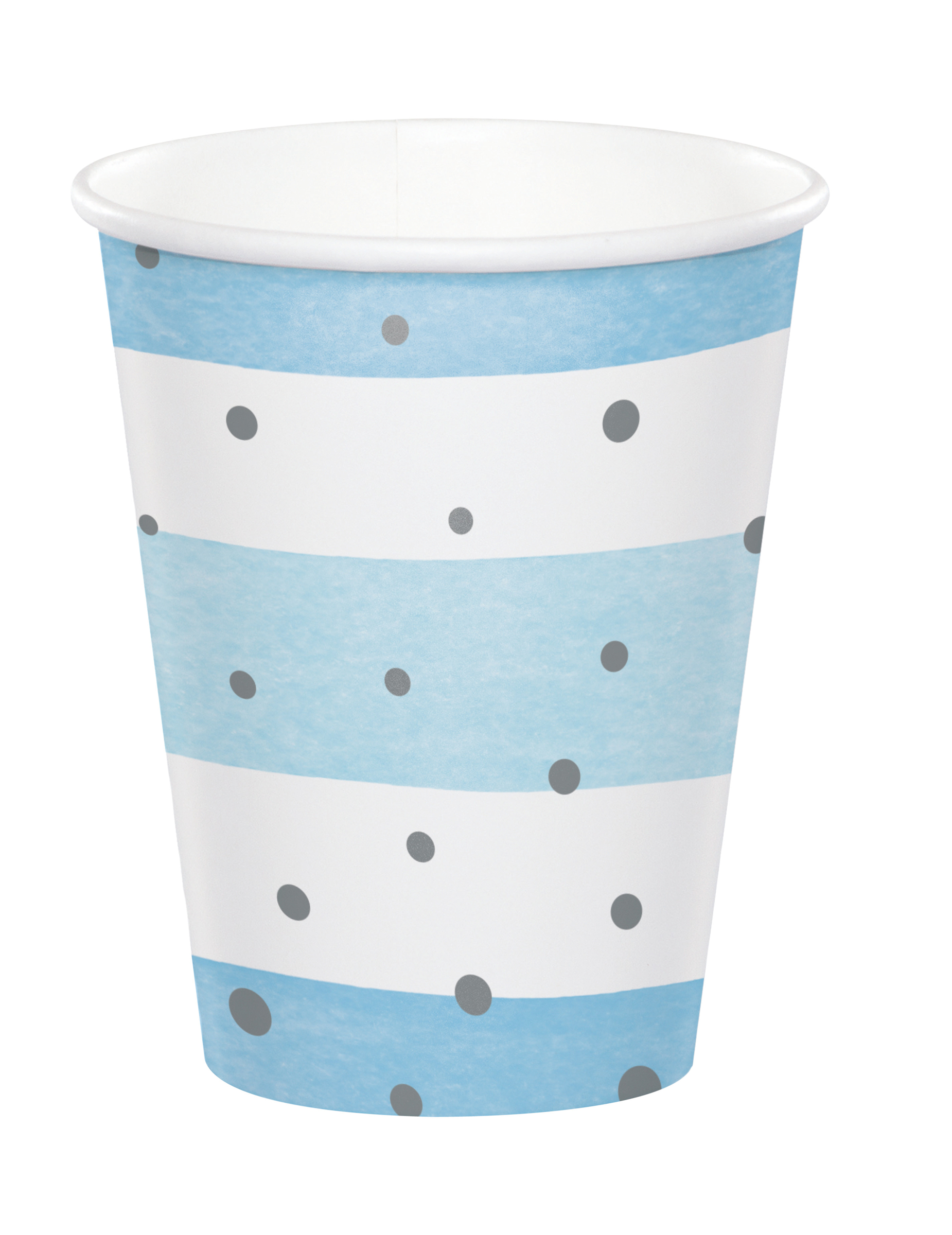 8 Pappbecher blau-weiß gestreift mit silbernen Punkten 256ml