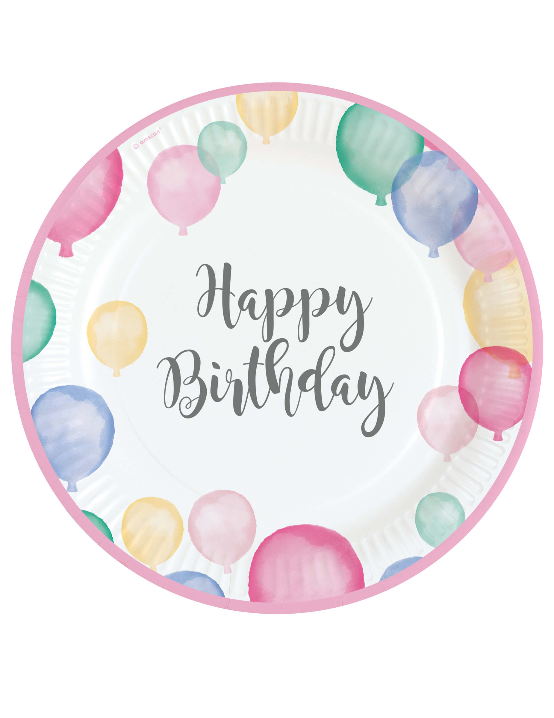 8 Pappteller Happy Birthday Pastell-Ballons 23 cm rosa Rand