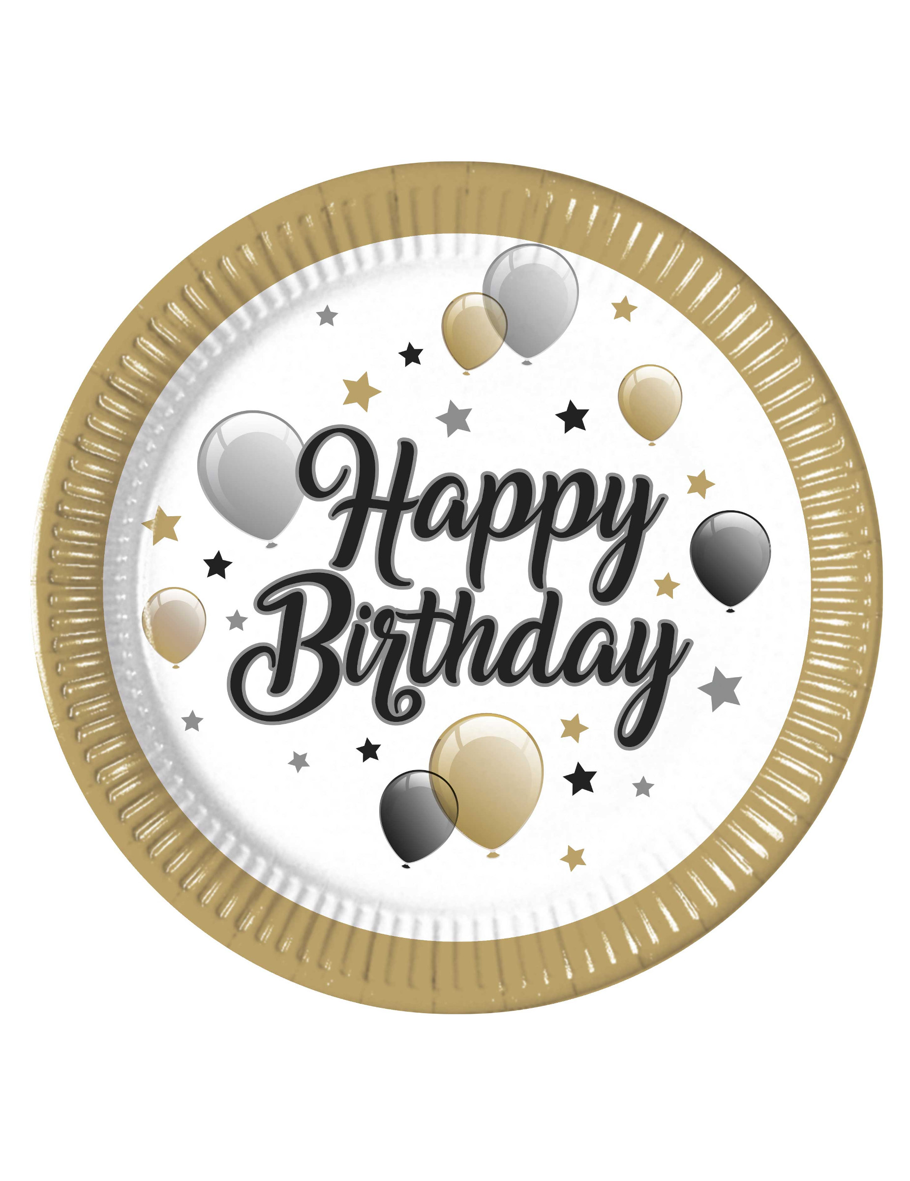8 Pappteller Happy Birthday weiß und gold 23 cm