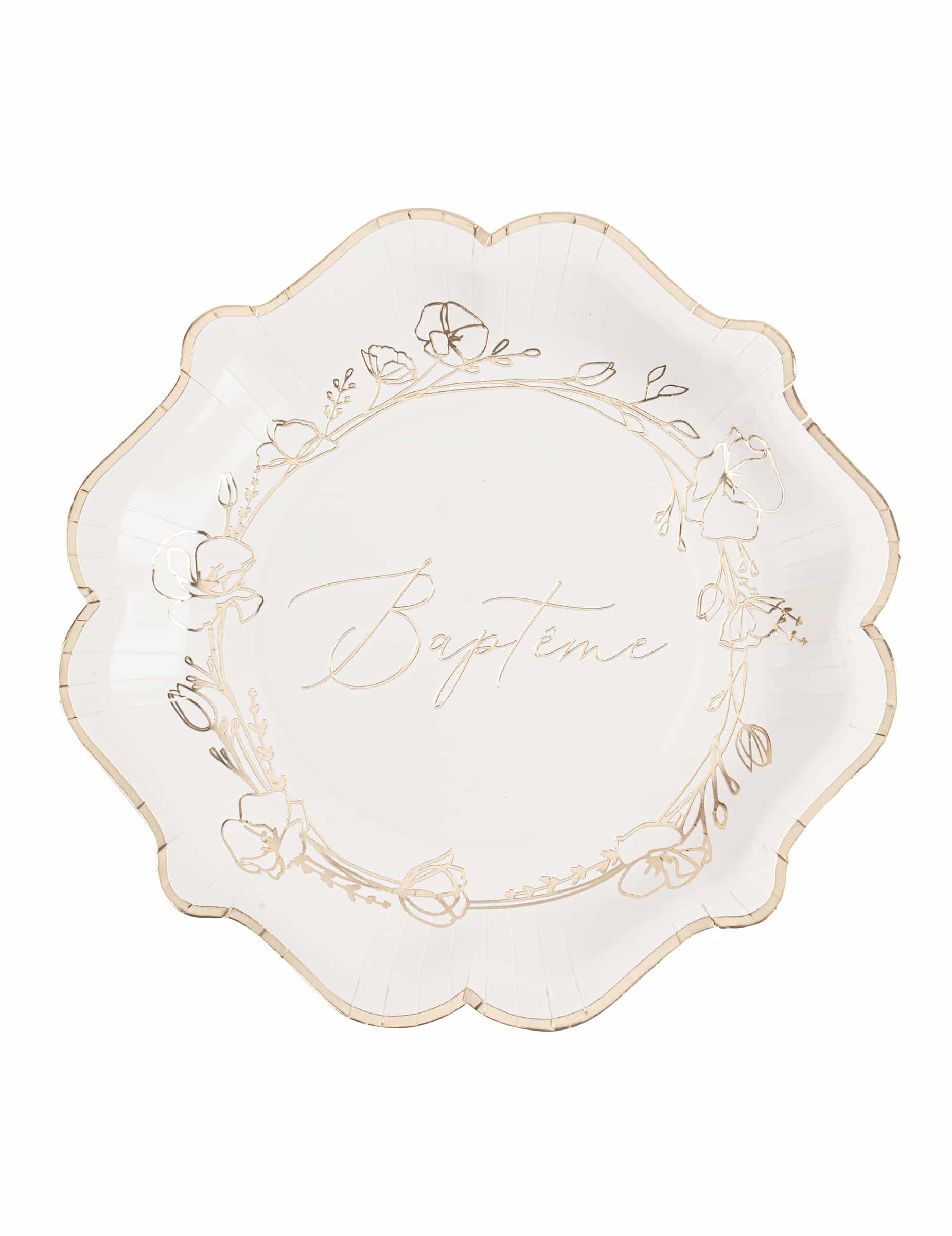 8 Pappteller zur Taufe 23 cm mit goldenen Blumen