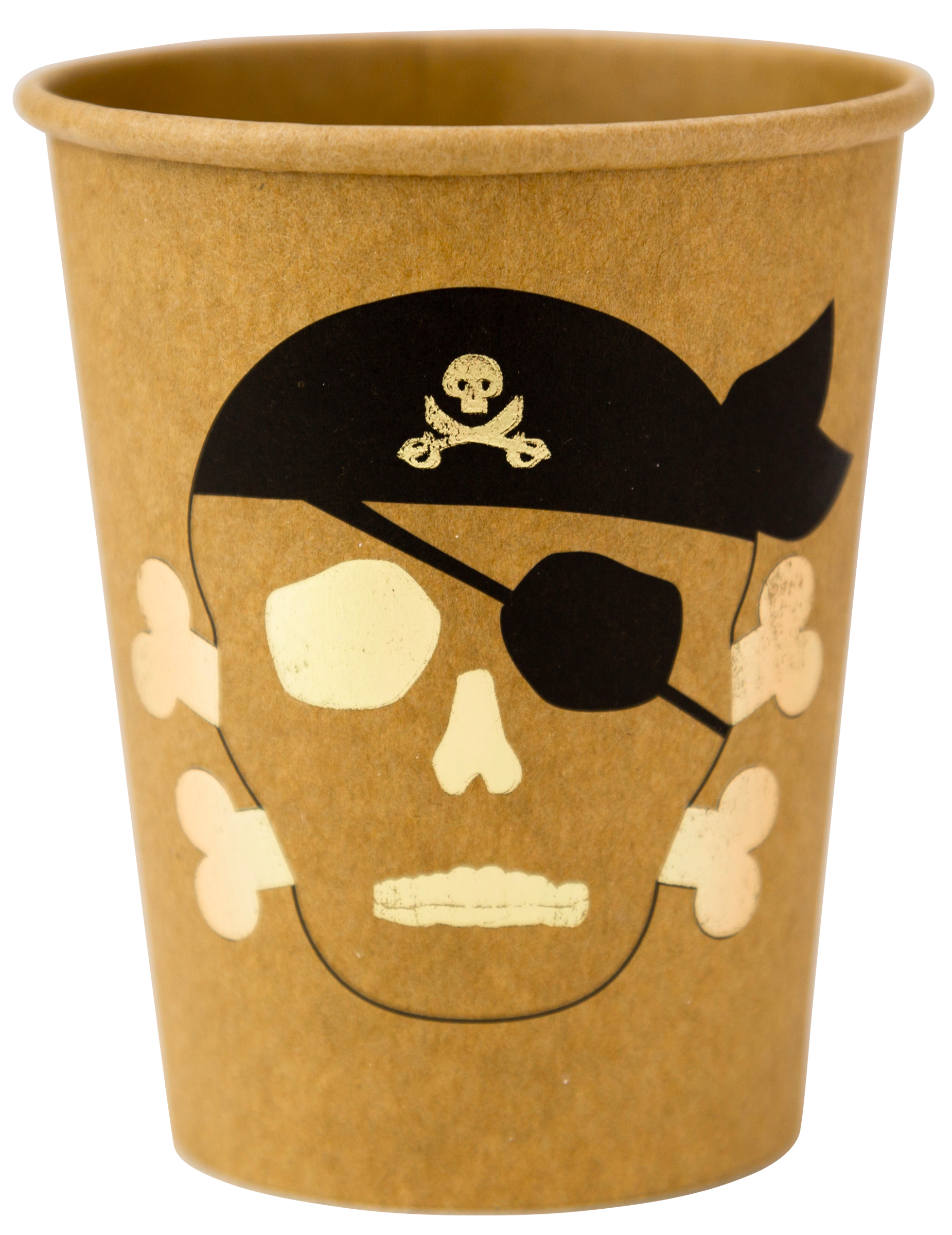 8 Piraten-Pappbecher aus Kraftpapier mit Golddruck 255 ml Totenkopf
