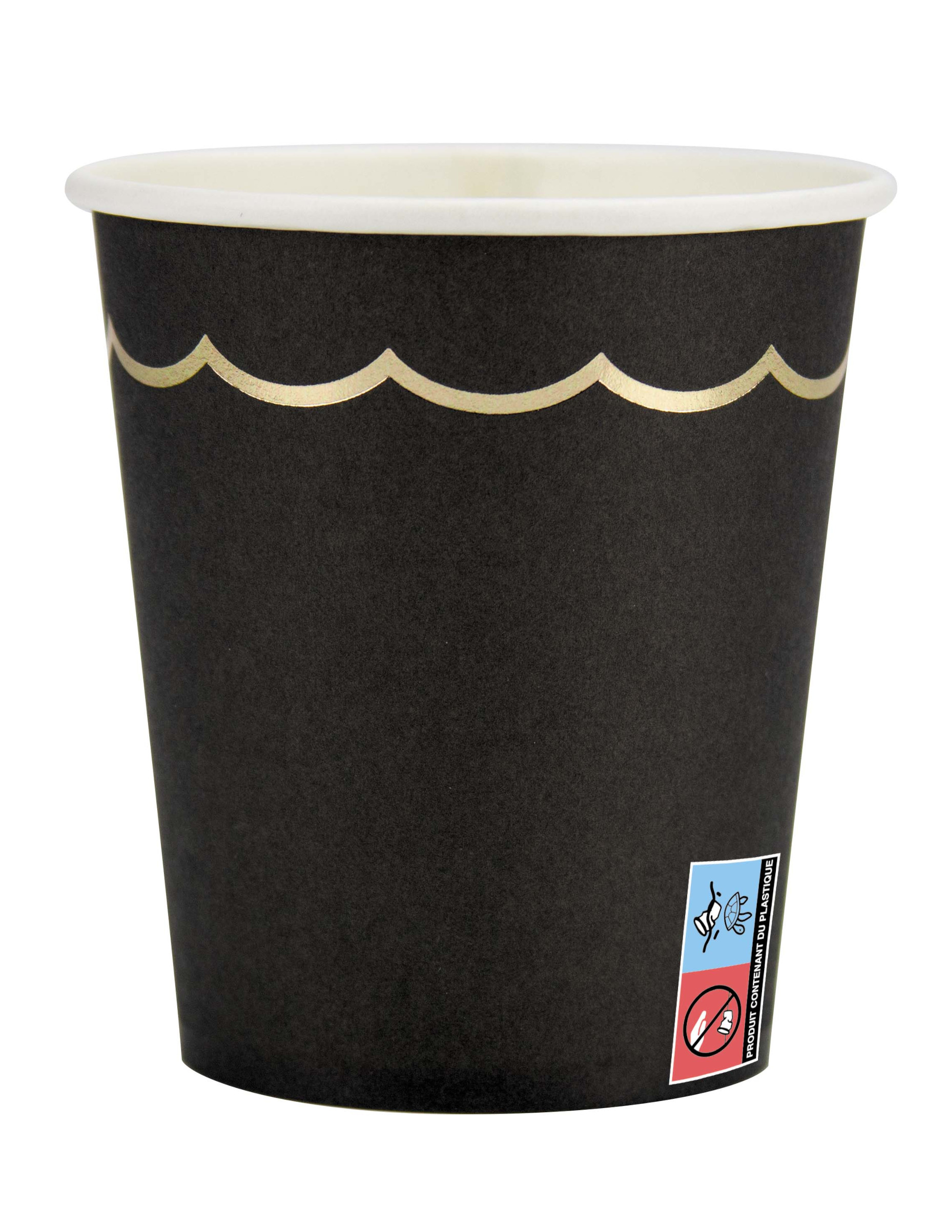 8 elegante Pappbecher in Schwarz und Gold gewellt 200 ml