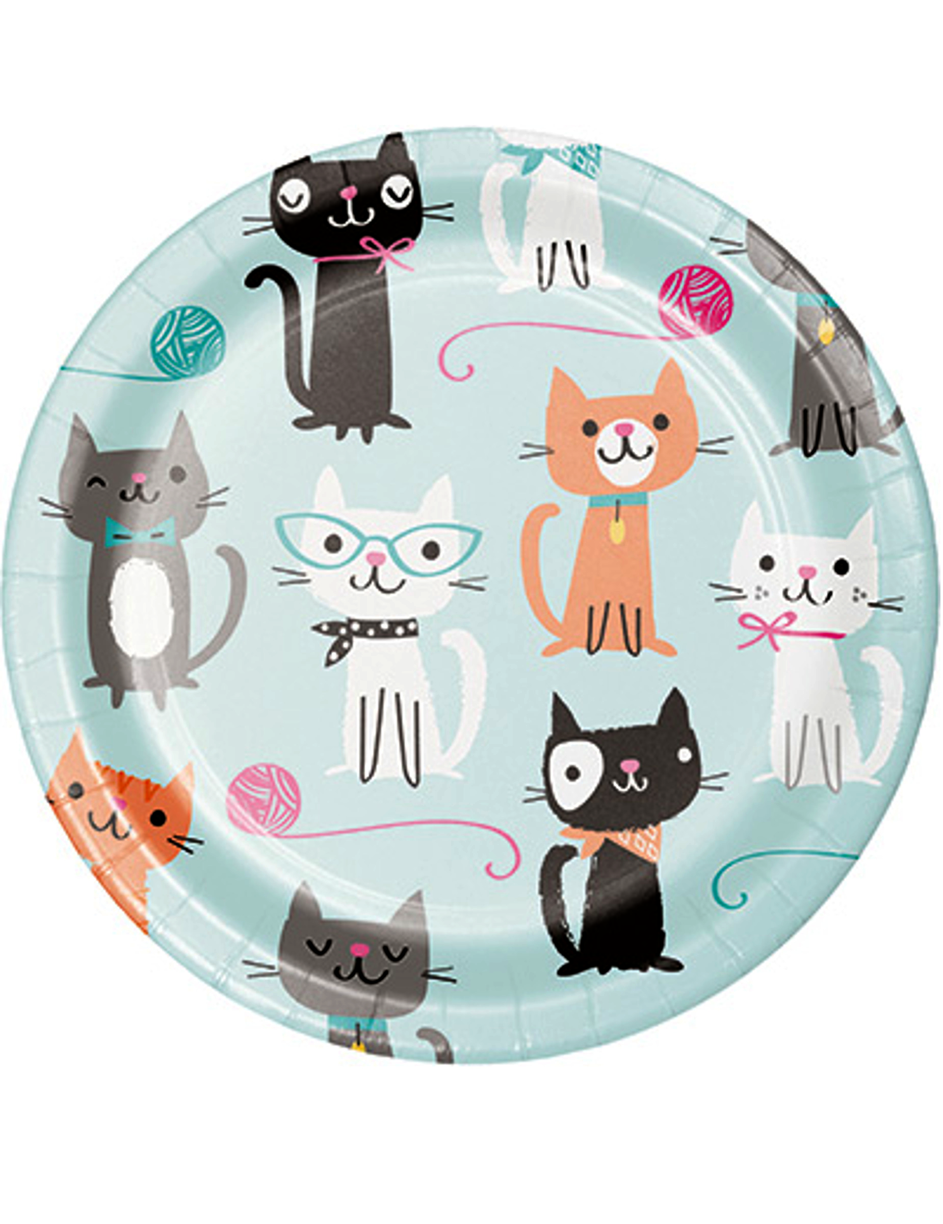 8 kleine Pappteller mit Vintage-Katzen türkis 17 cm