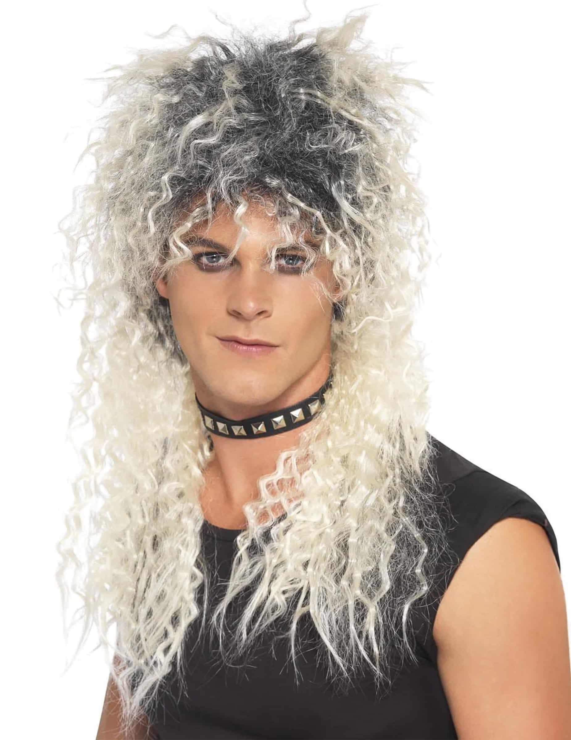 80er Punk Rockstar Herren Vokuhila Perücke lang blond-schwarz
