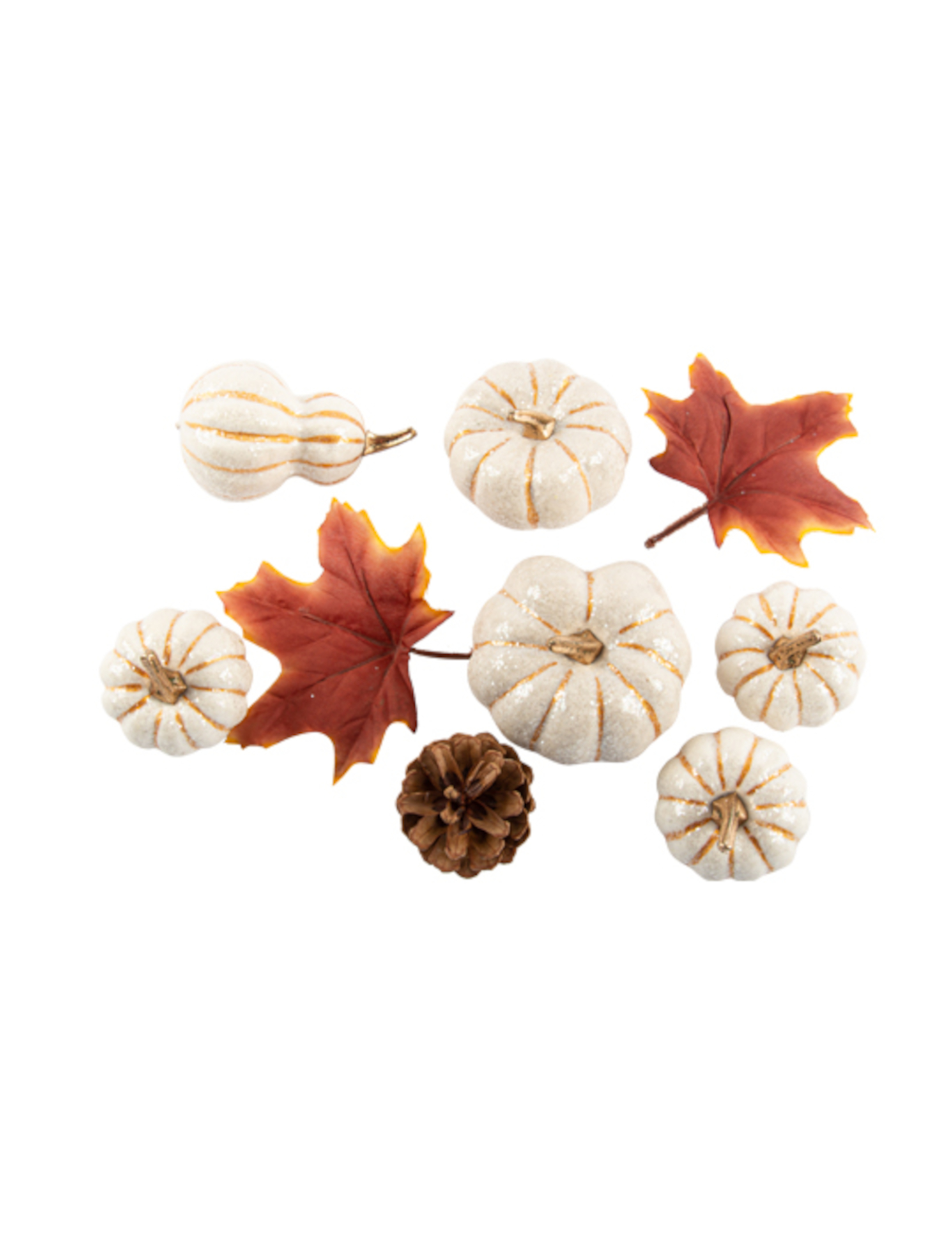 9er-Set Herbst-Deko weiße Kürbisse und Blätter