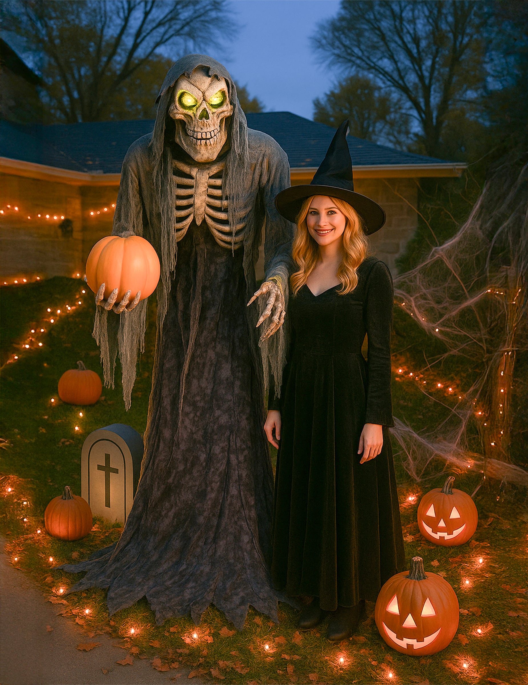 Animatronic Skelett Sensenmann mit Kürbis für Halloween
