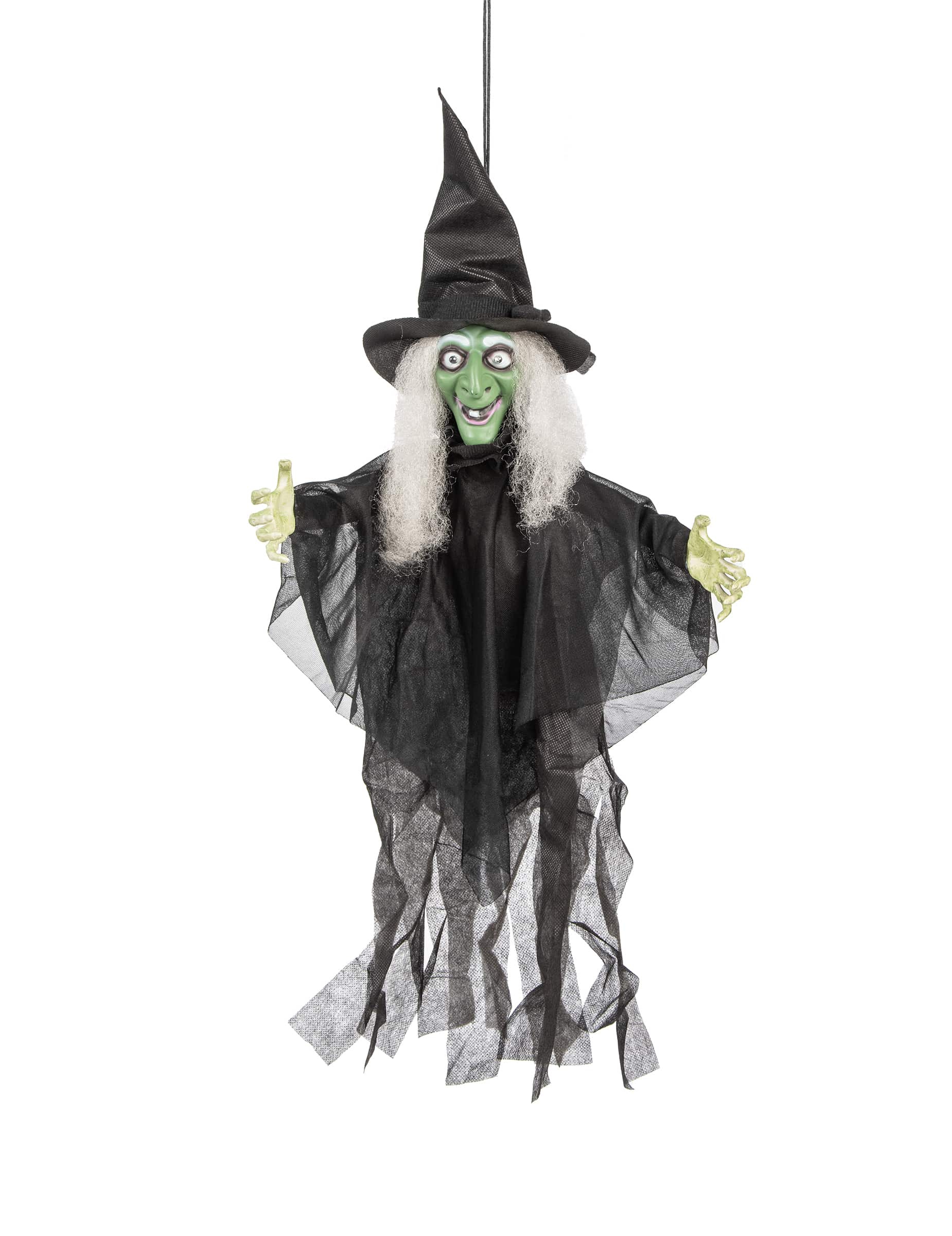 Animierte Hexe mit Leuchtaugen und Sound Halloween Deko schwarz-grün 60cm
