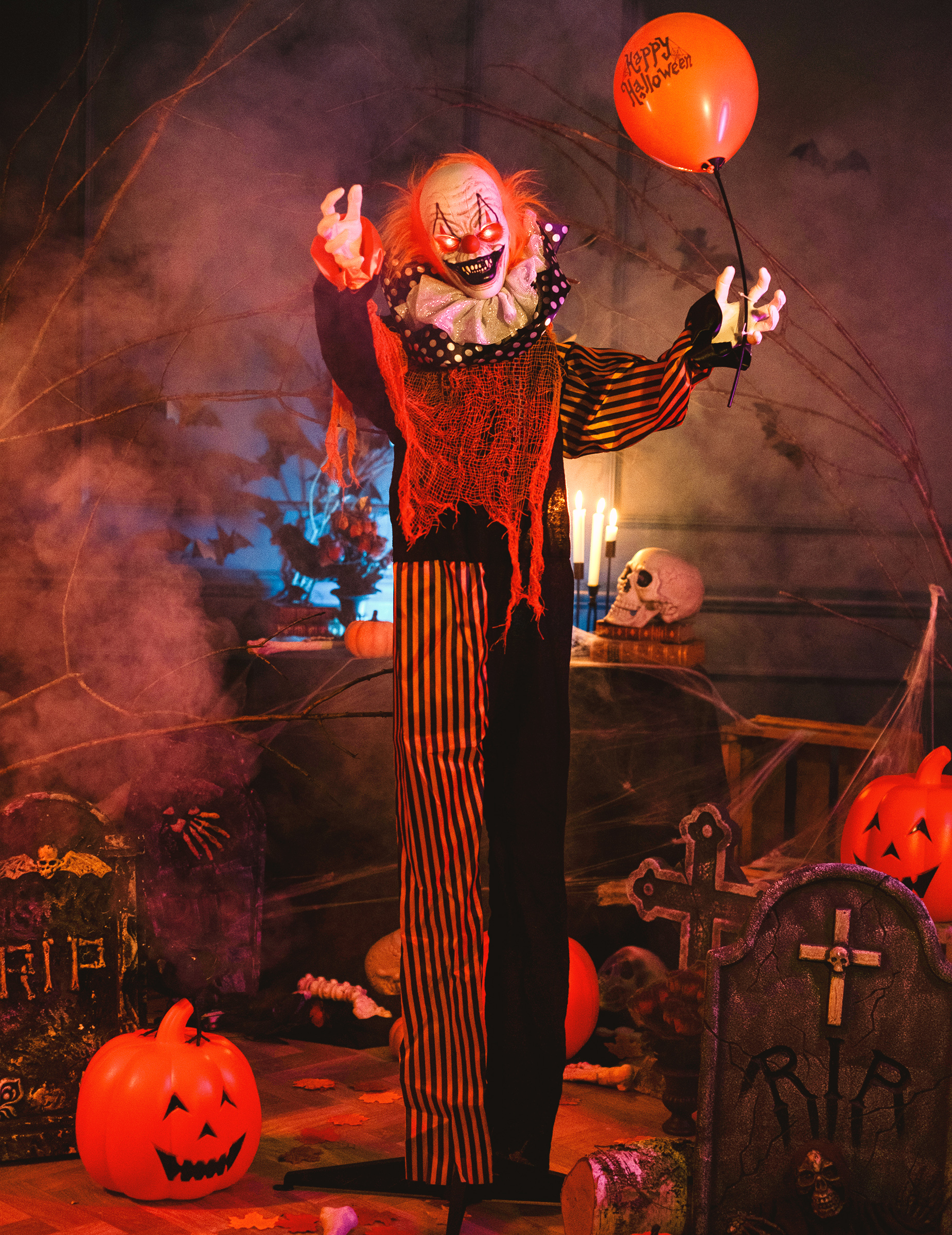 Animierte Horrorclown-Dekofigur mit Leuchtaugen und Sound bunt 166 cm