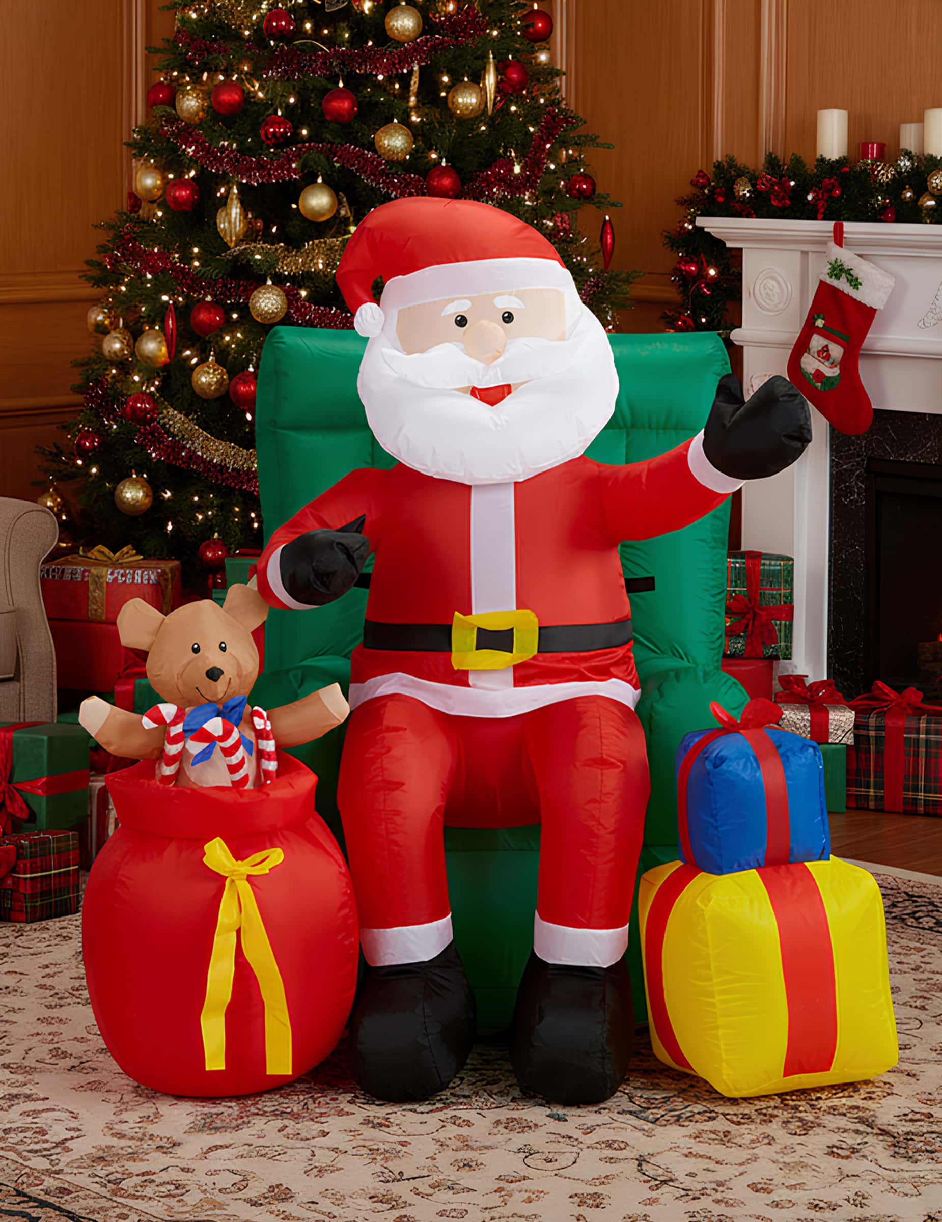 Aufblasbarer Weihnachtsmann sitzend mit Geschenken 122 cm