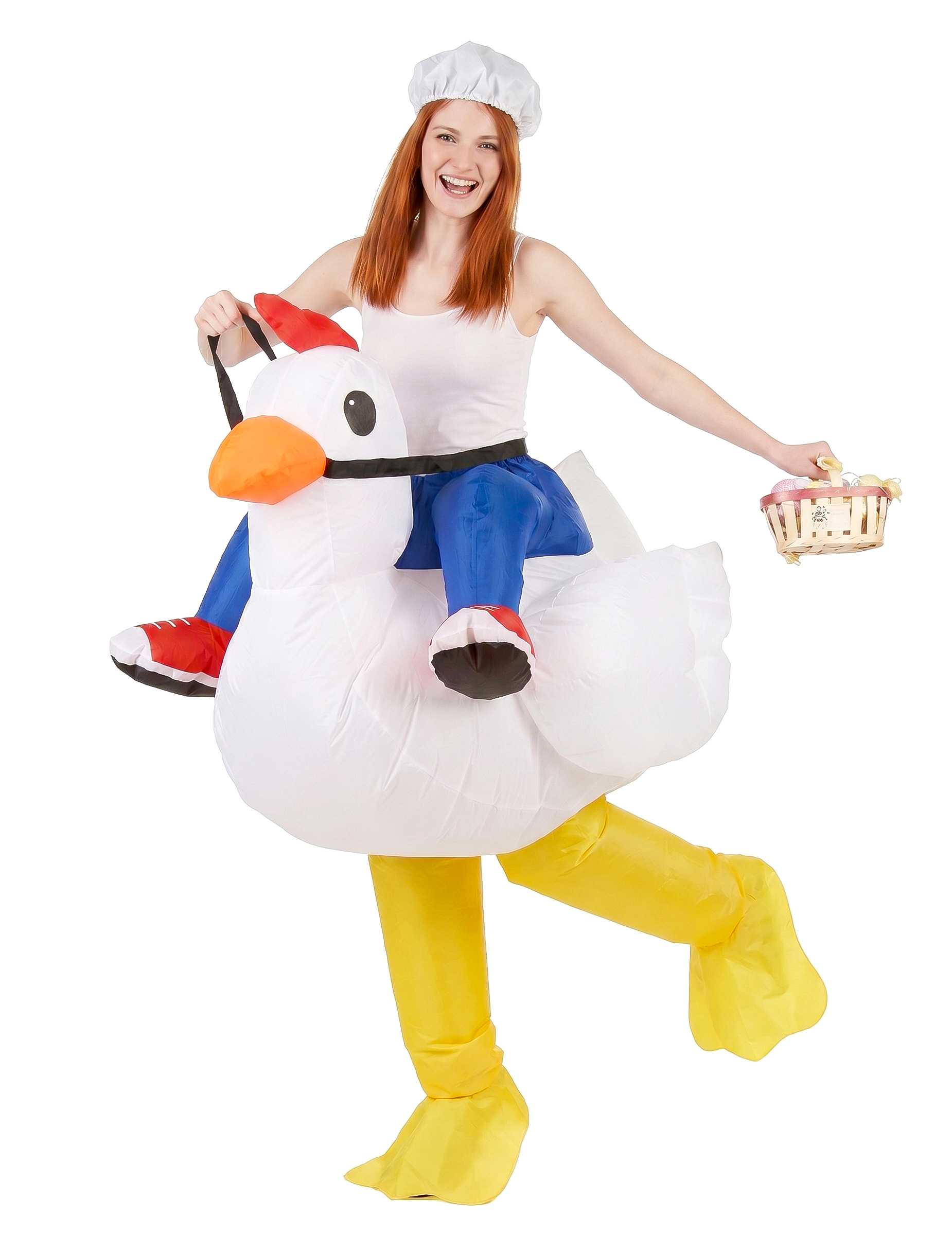 Aufblasbares Huckepack-Kostüm Huhn weiss-blau-gelb
