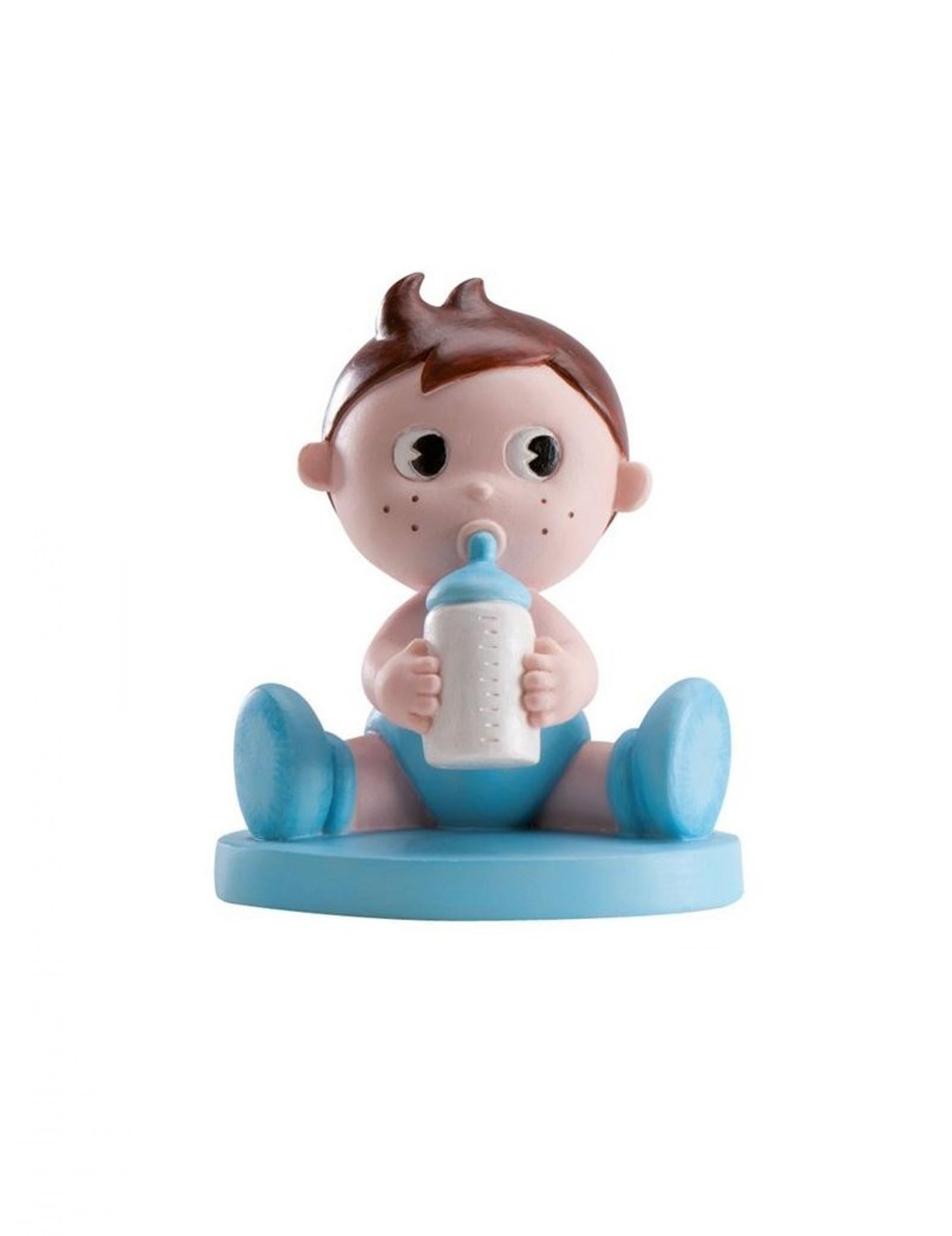Baby Shower Figur Junge mit Fläschchen aus Harz 10 cm