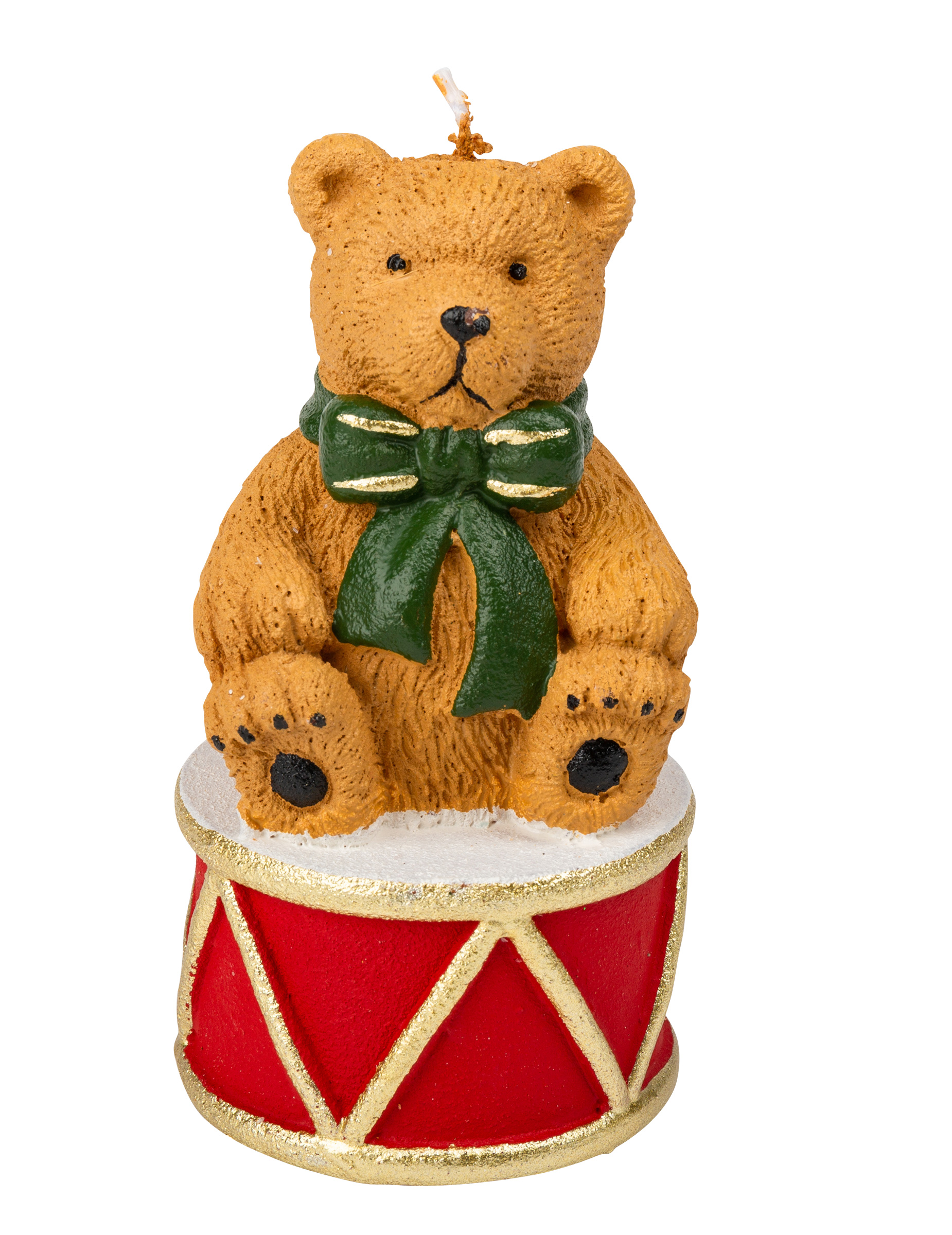 Bär auf Trommel-Kerze Weihnachts-Dekoration braun-rot-grün 11 x 6 cm