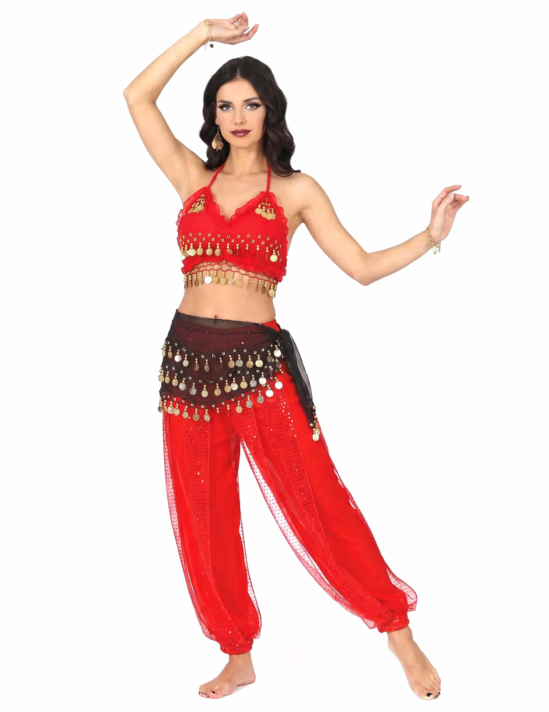 Bauchtänzerin Kostüm rot und schwarz für Damen - komplettes orientalische Kostüm Frau