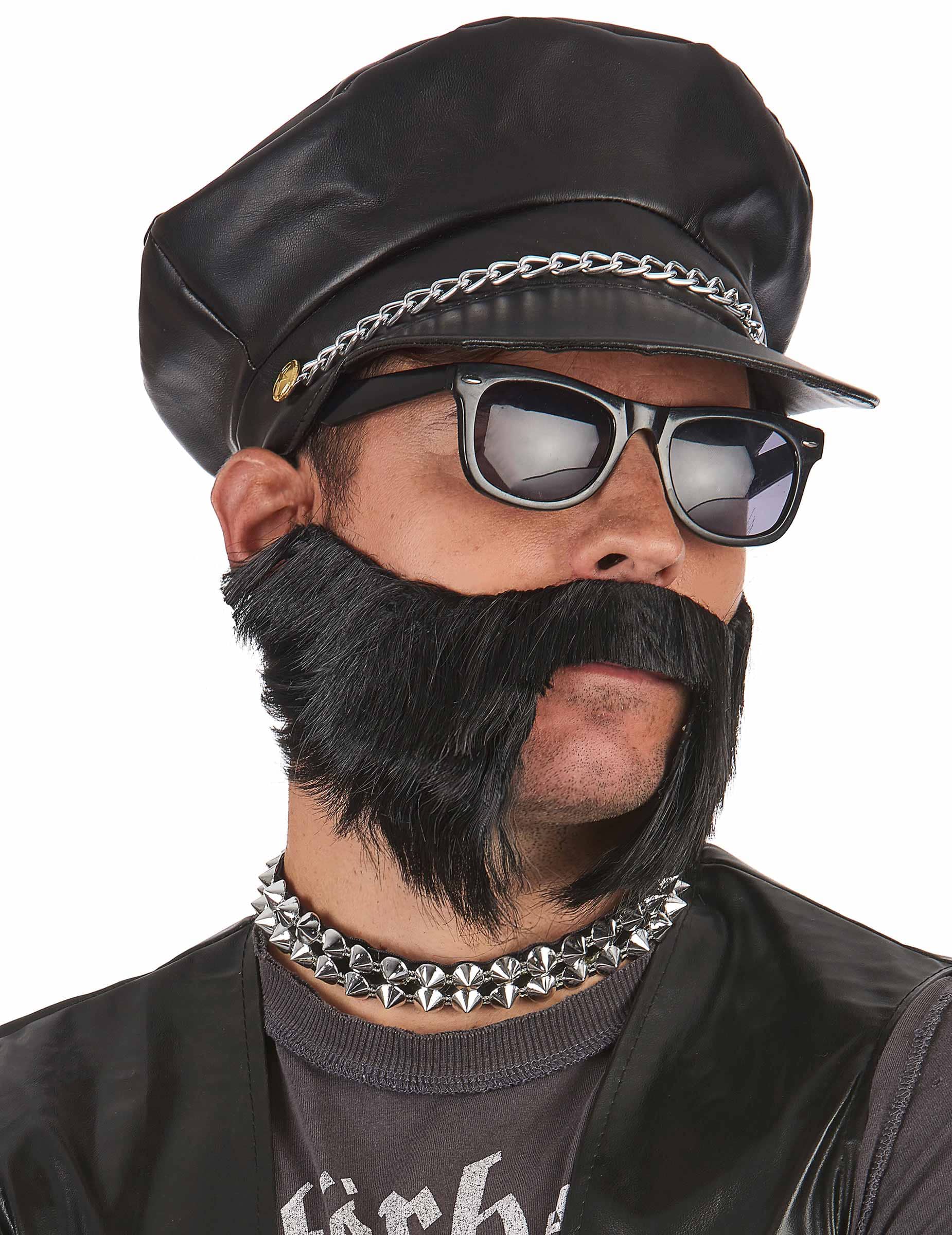 Biker Mütze Rocker Lederoptik mit Kette schwarz