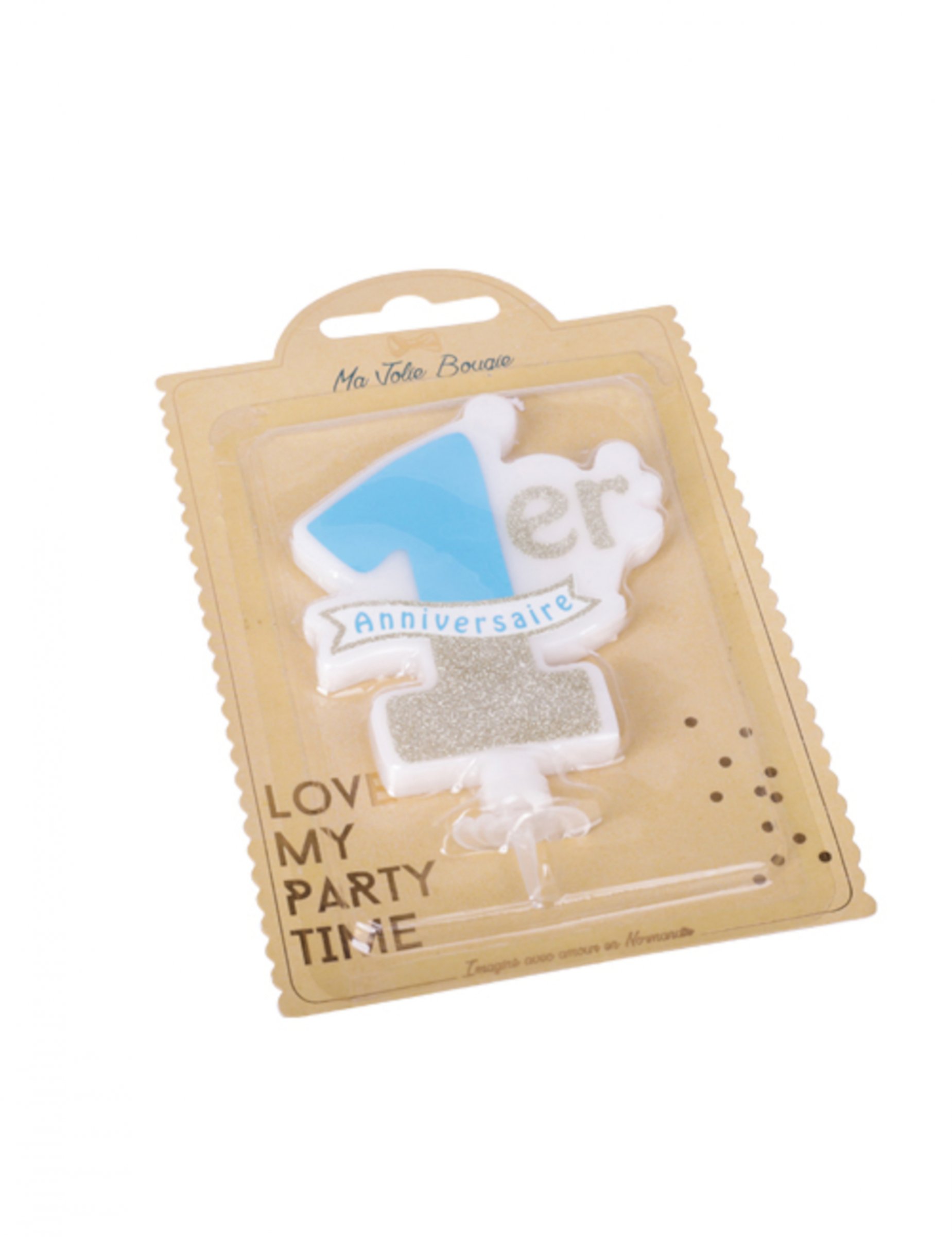 Blau-goldene Kerze zum 1. Geburtstag – 10 x 8 cm mit Glitzer