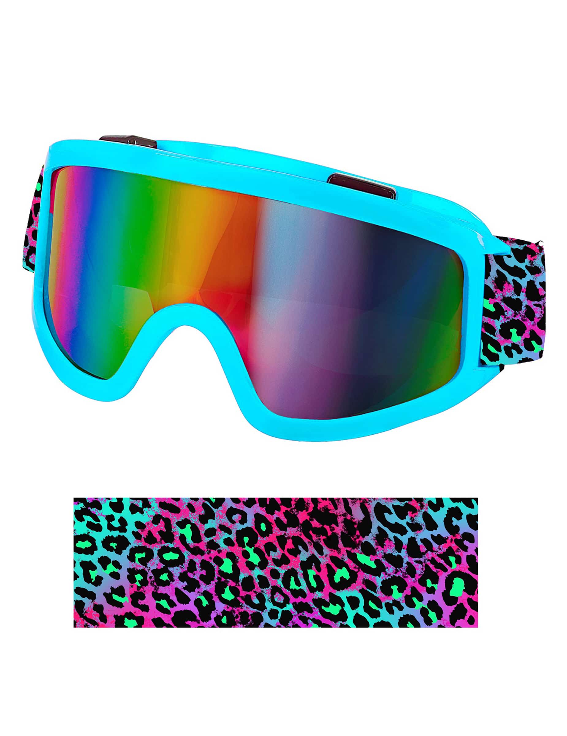 Blaue Skibrille mit buntem Leoparden Stirnband