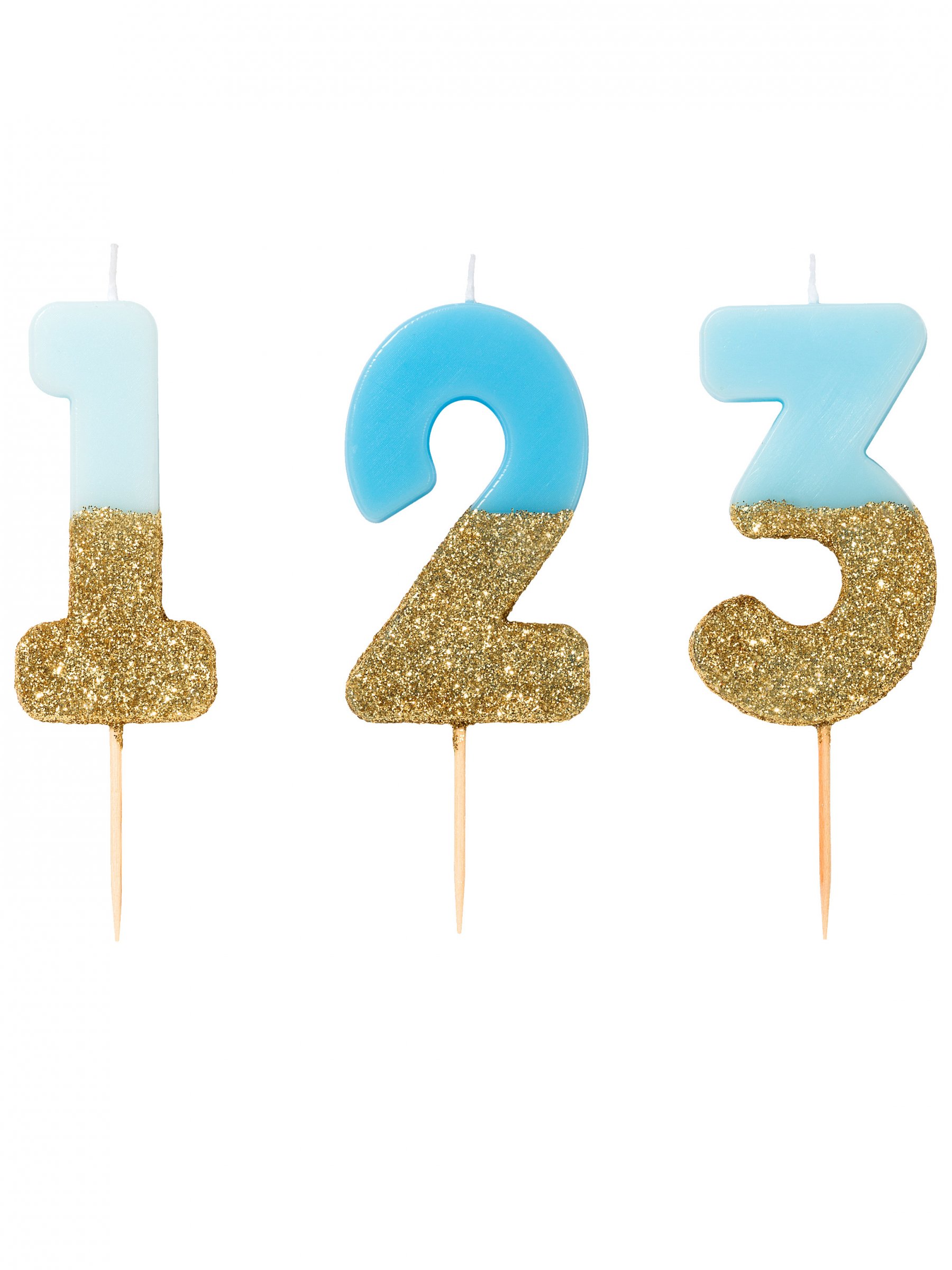 Blaue und goldene Glitzer-Zahlenkerze auf Spieß 13
