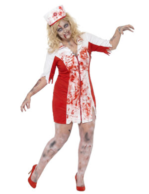 Blutige Zombie Krankenschwester Halloween Plus Size Damenkostüm rot-weiss
