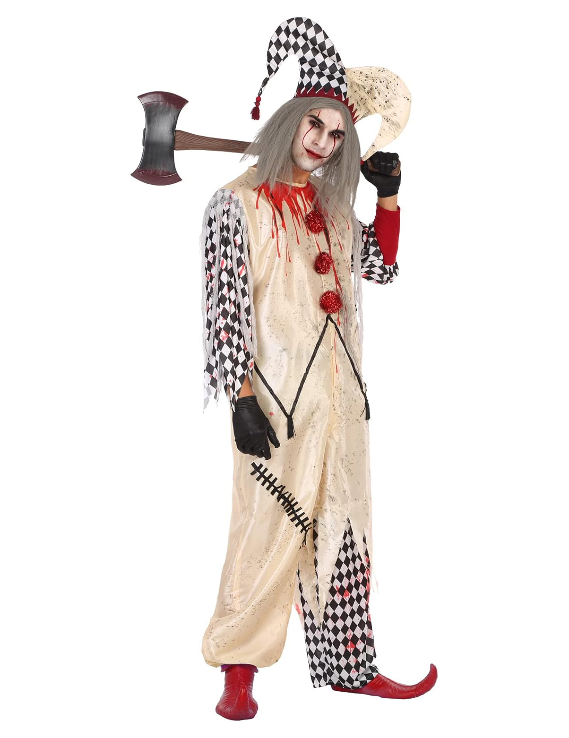 Blutiger Harlekin Herrenkostüm Halloween beige-rot-schwarz