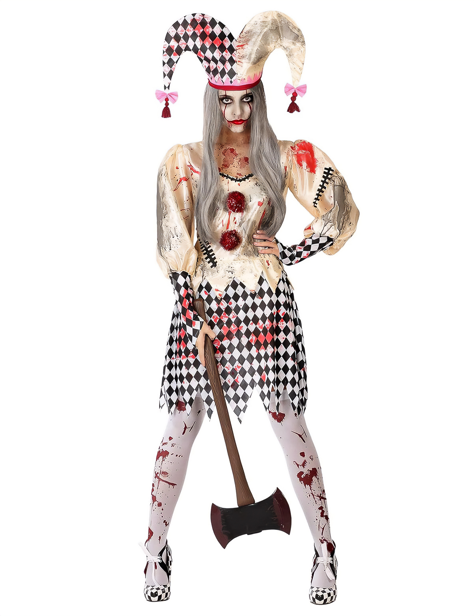 Blutiges Harlekin-Kostüm für Damen Halloween weiss-schwarz-rot