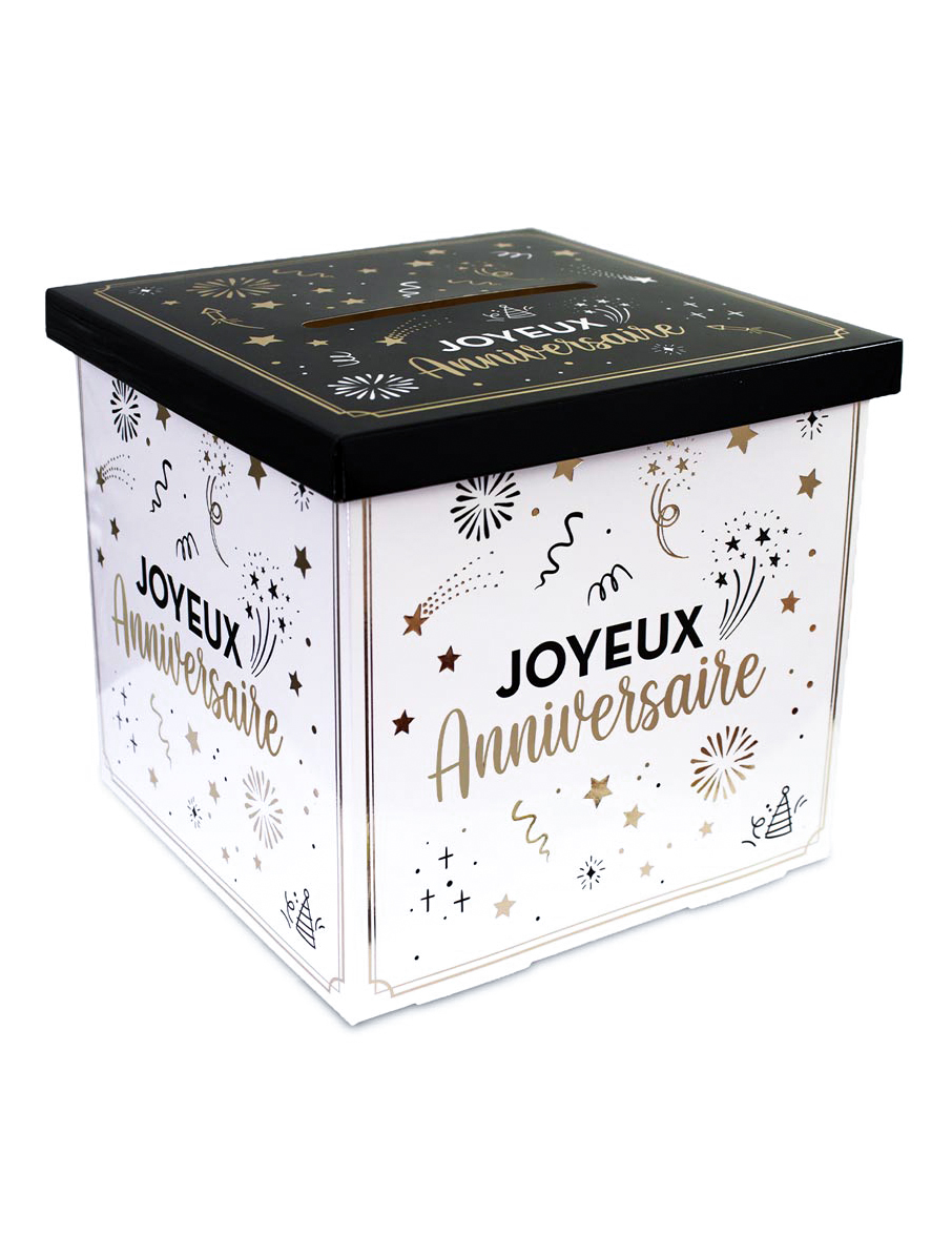 Box mit Schlitz Partydeko Happy Birthday 20 x 20 x 20 cm schwarz-gold-weiß