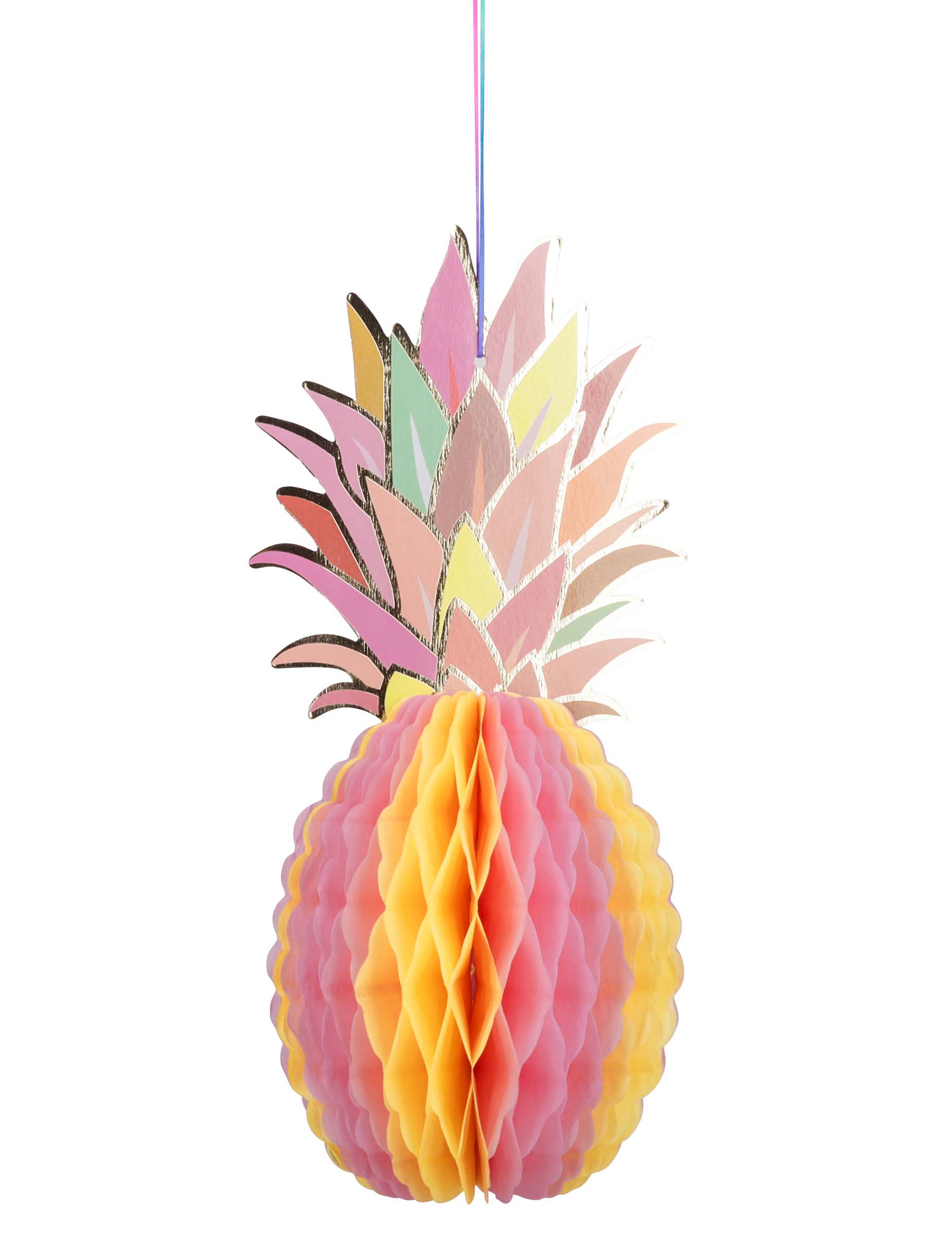 Bunte Wabenpapier-Ananas Hängedeko 30 cm mit Goldglanz