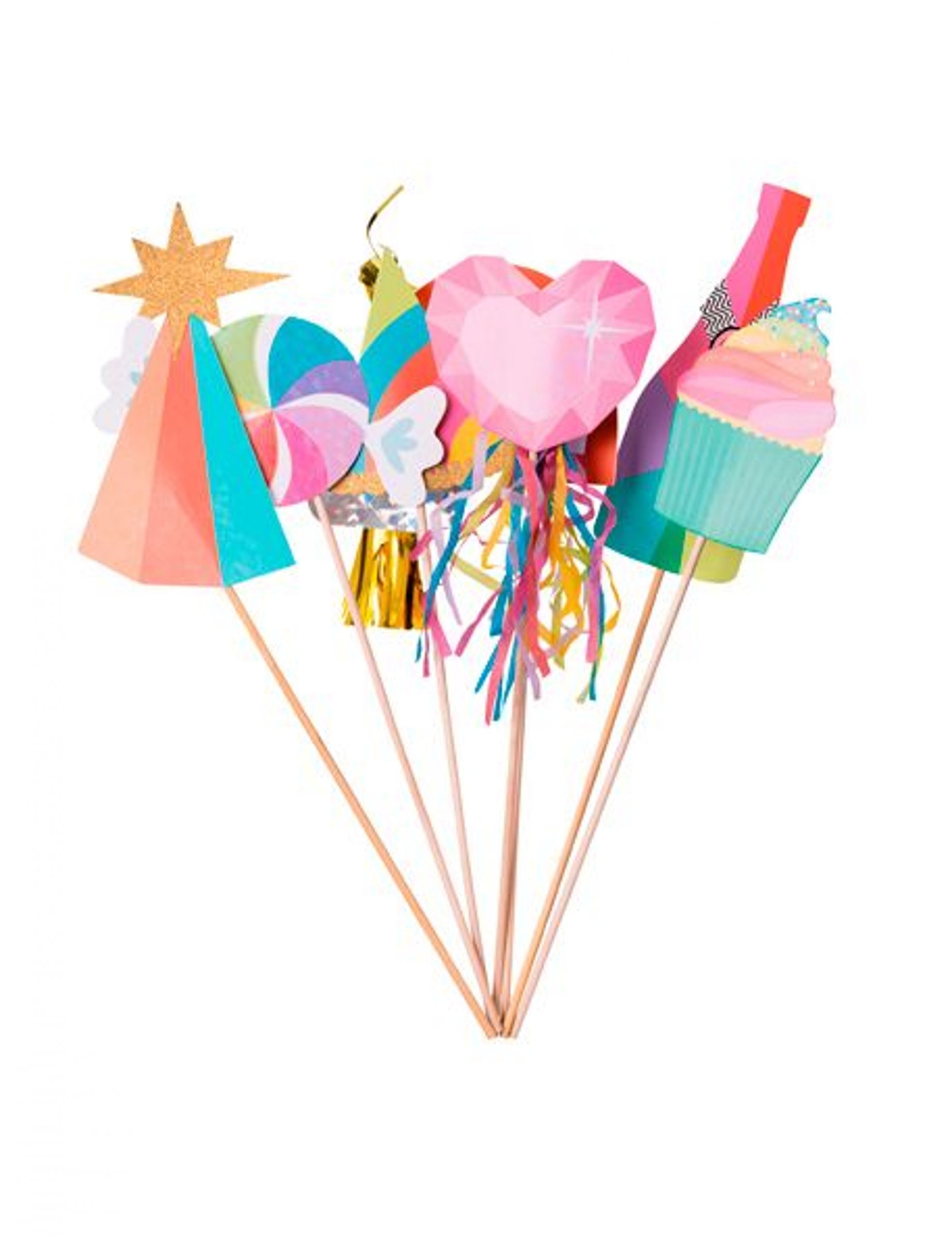 Buntes Photobooth-Set mit Quasten und goldenem Glitzer 7-teilig