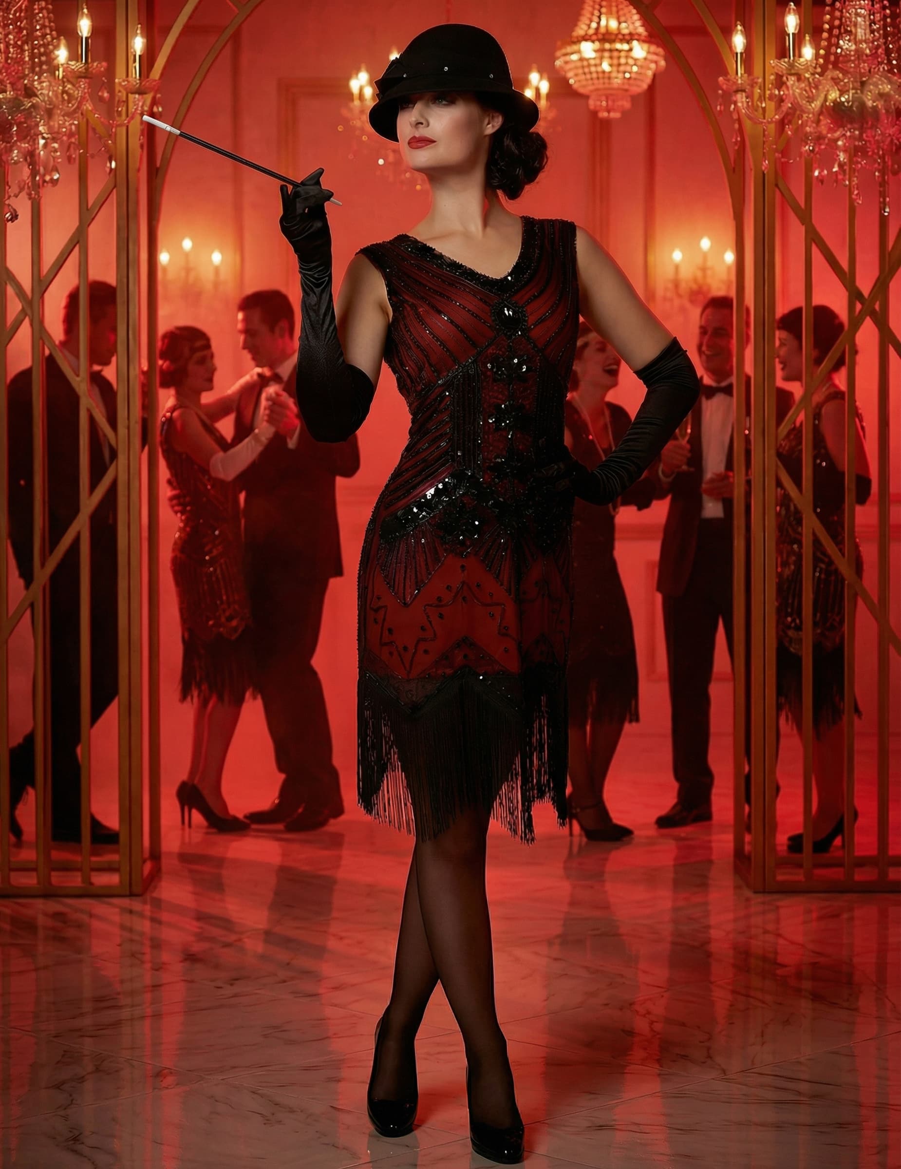 Charleston-Kostüm Damen Luxus rot mit Pailletten