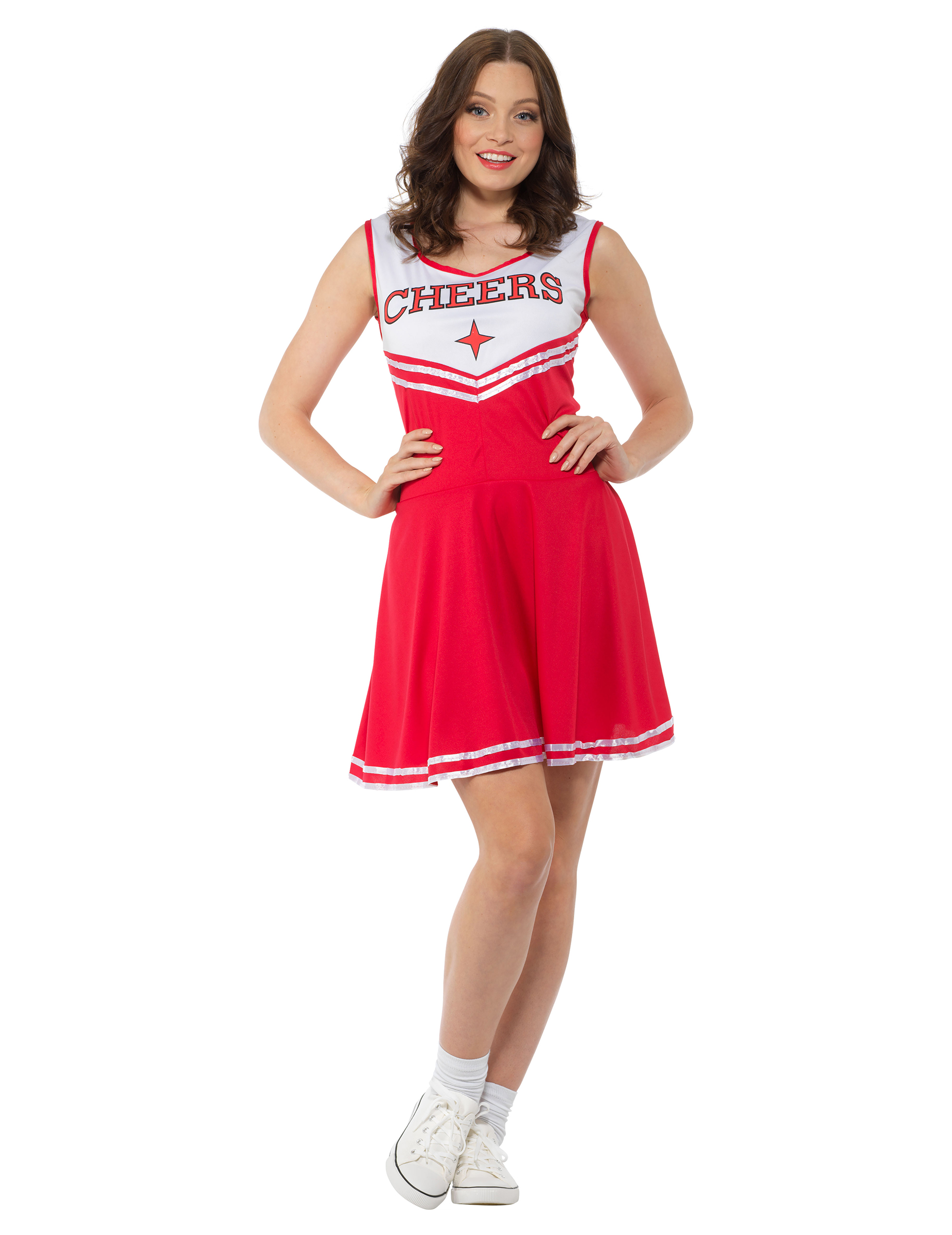Cheerleaderin-Kostüm für Damen mit PomPoms rot-weiss-blau