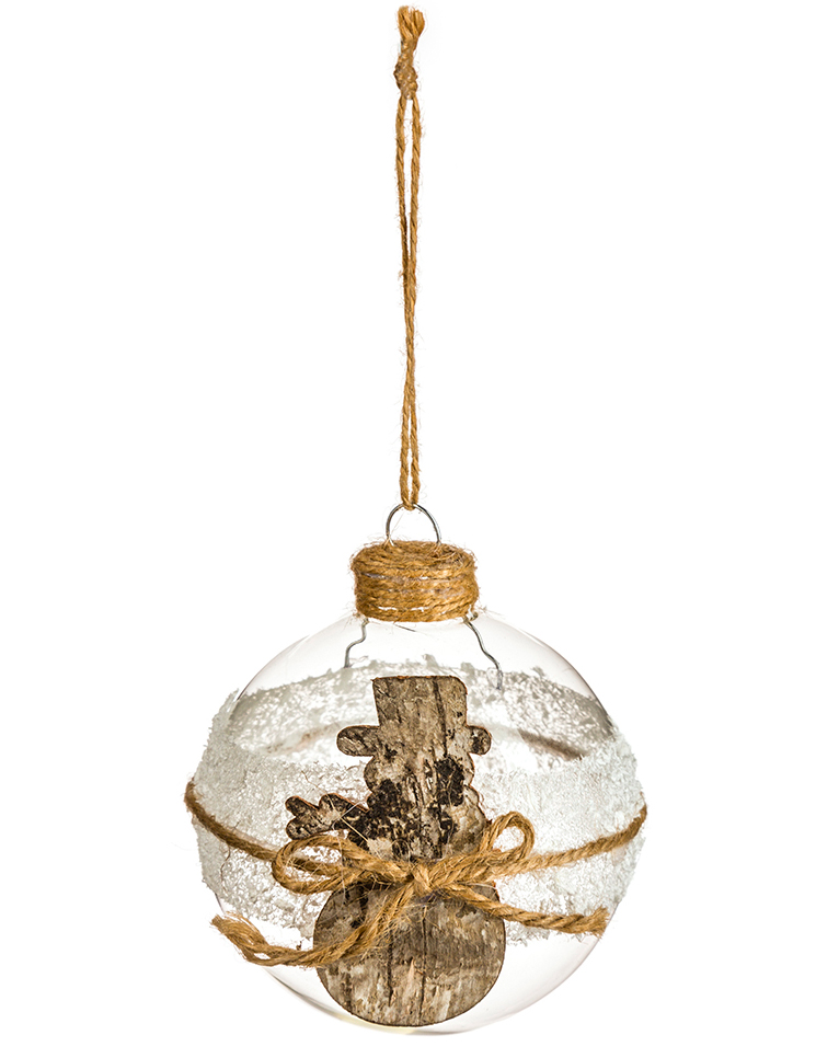 Christbaumkugel mit Holz-Schneemann transparent-braun 8 cm