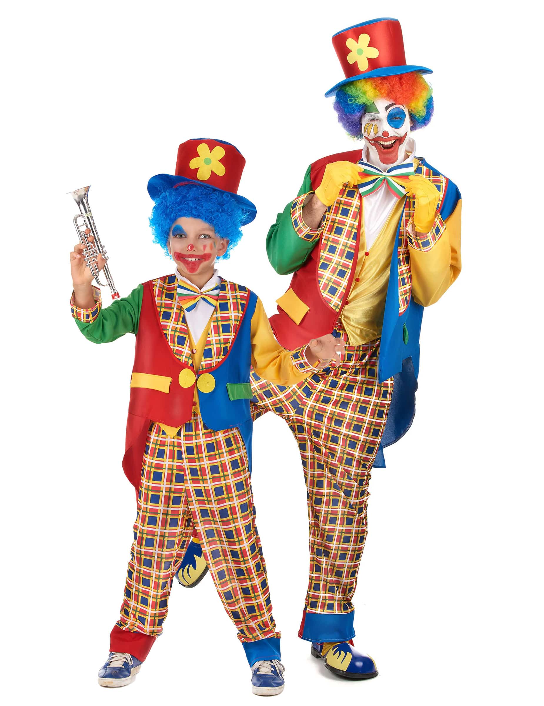 Clowns Paarkostüm Erwachsener und Kind bunt