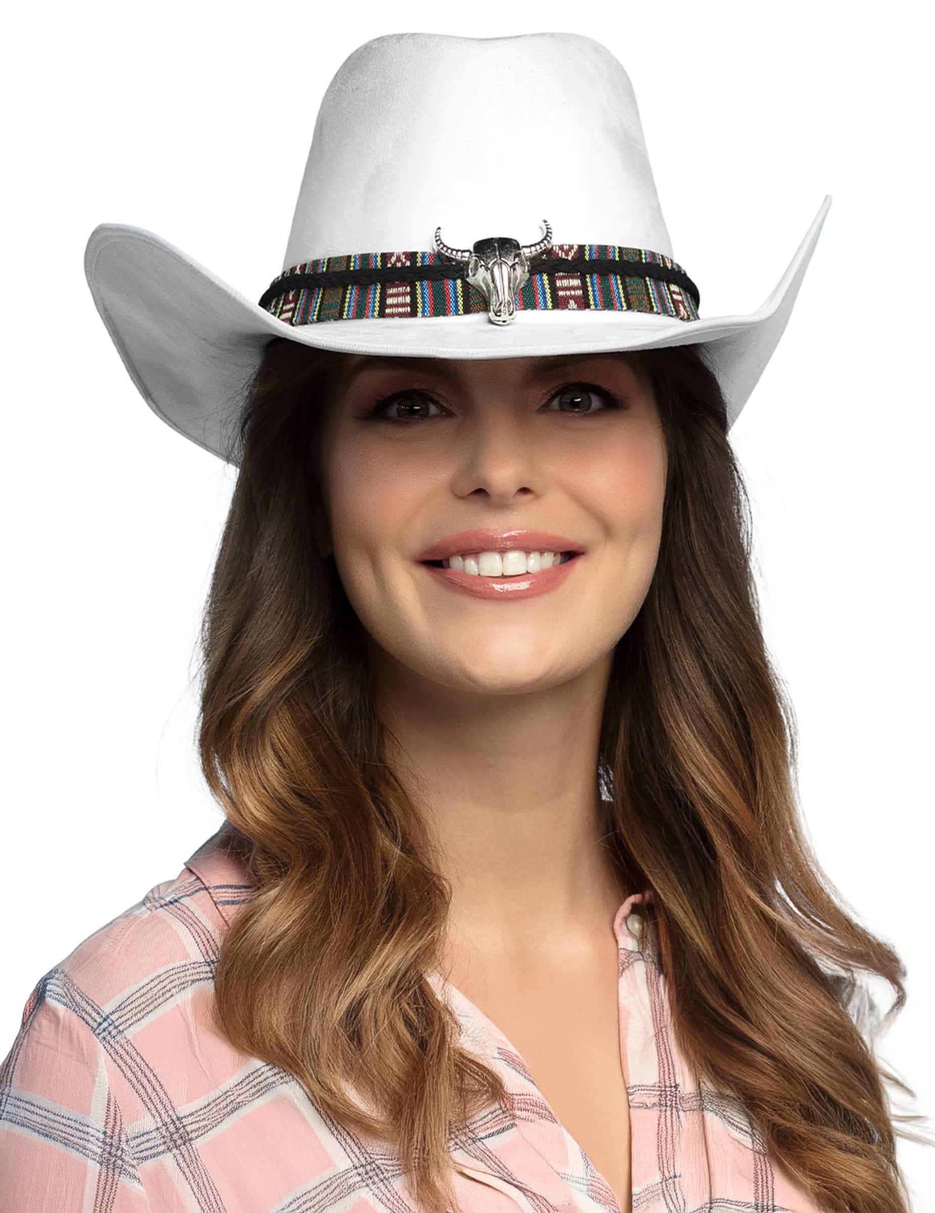 Cowboyhut Büffel Weiß für Erwachsene Hut Cowboy weiß Büffelkopf