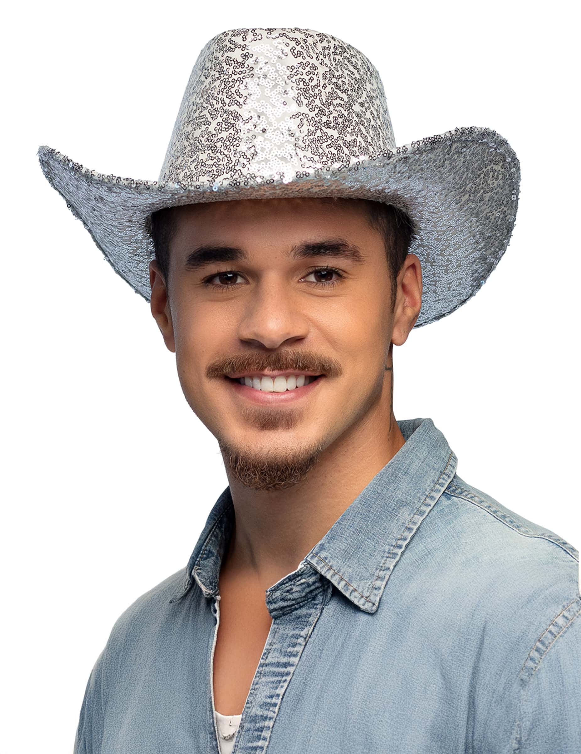 Cowboyhut mit Pailletten Silber für Erwachsene