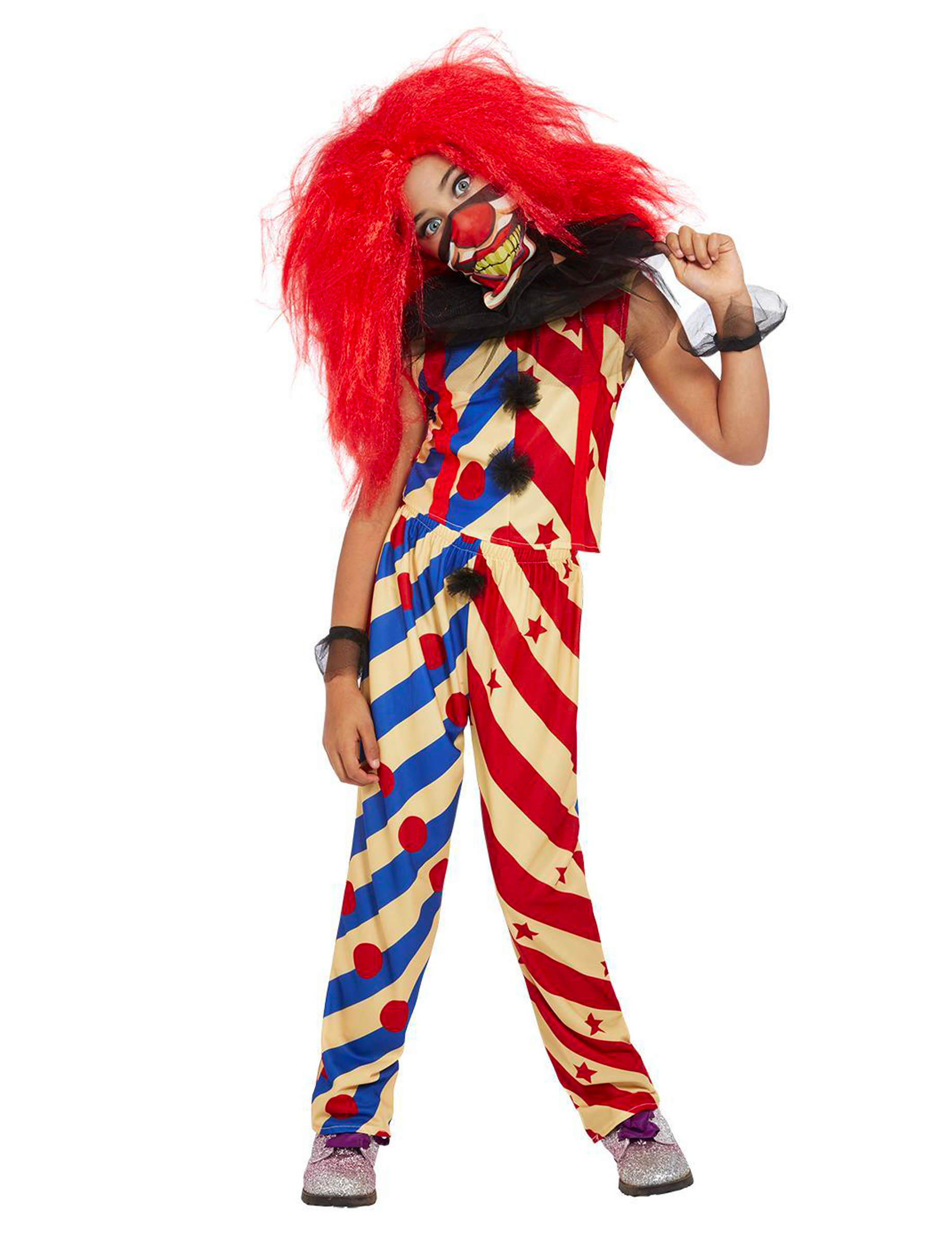 Creepy Clown-Kostüm für Mädchen Halloween-Kostüm rot-blau-beige