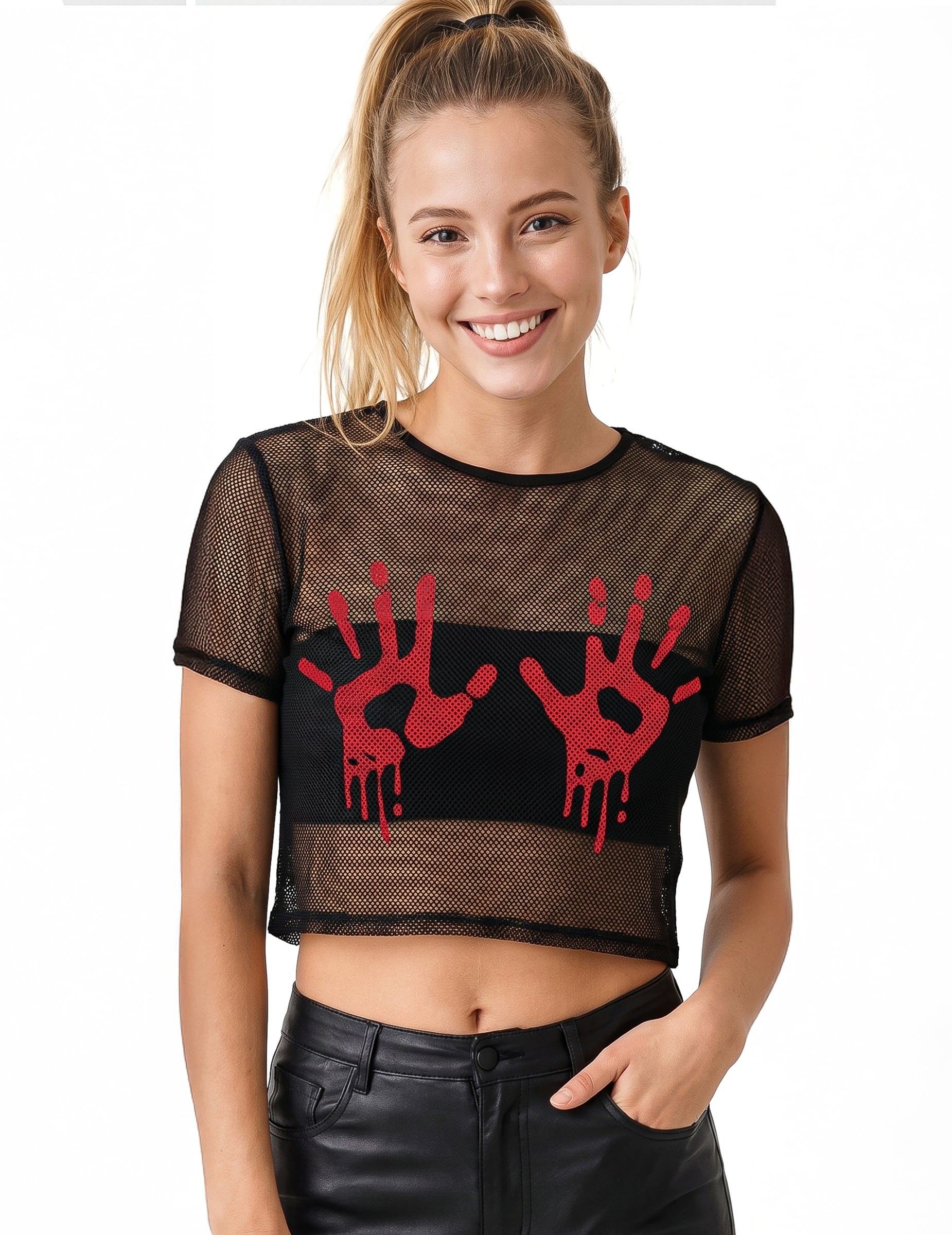 Crop Top aus schwarzem Netz mit blutigen Händen für Erwachsene