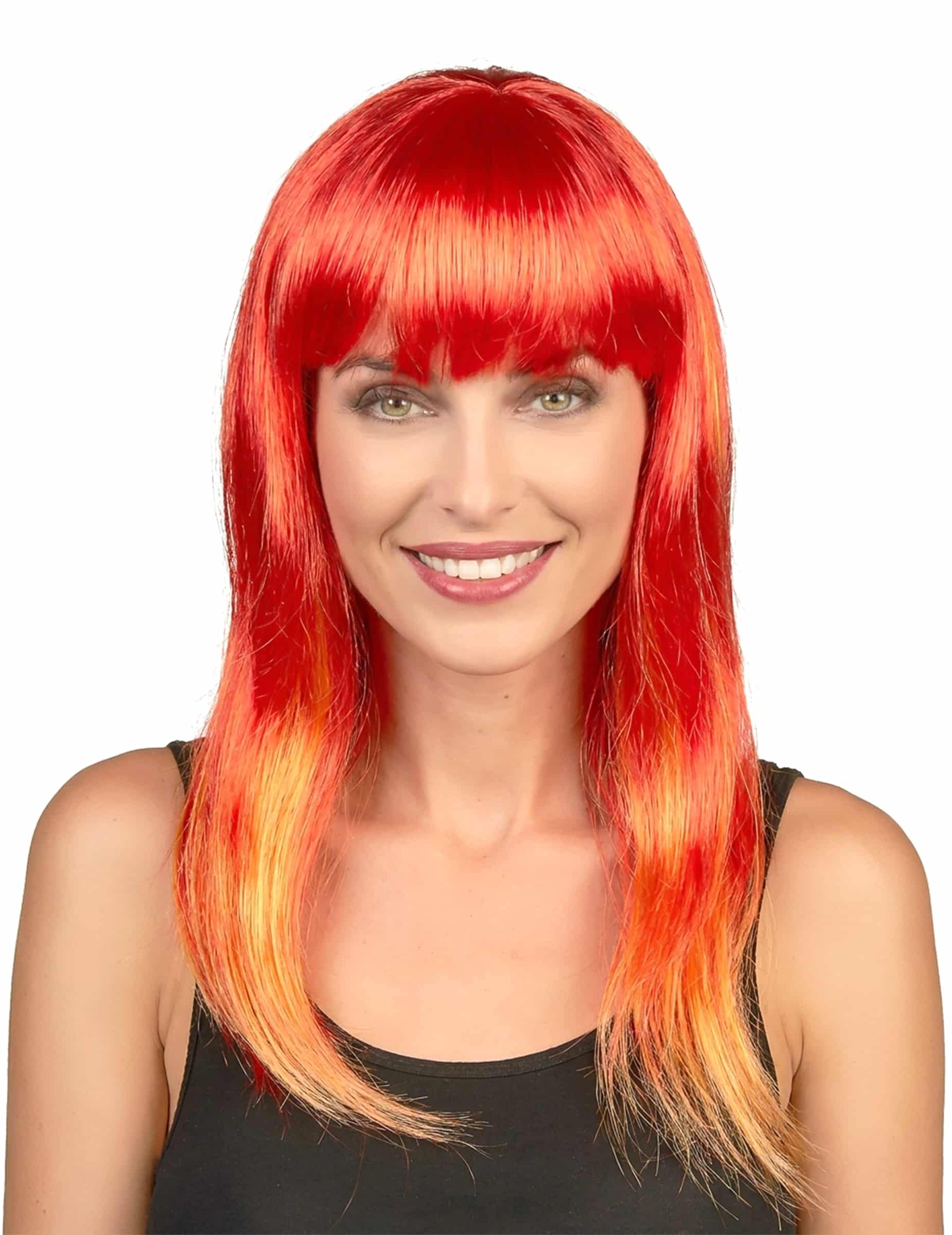 Damenperücke lang mit Pony rot-orange