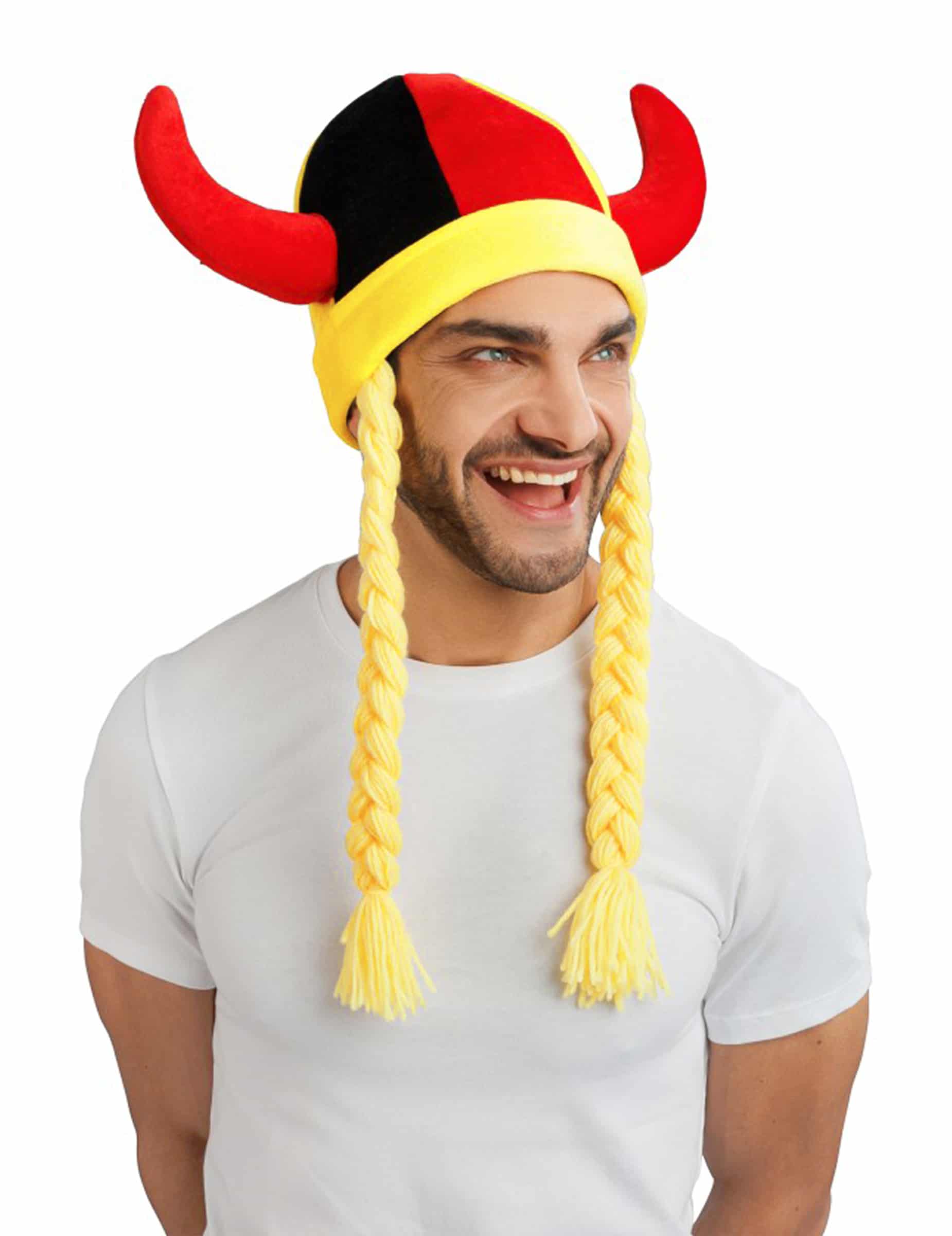 Deutschland Fan-Helm aus Stoff mit Hörnern und Zöpfen