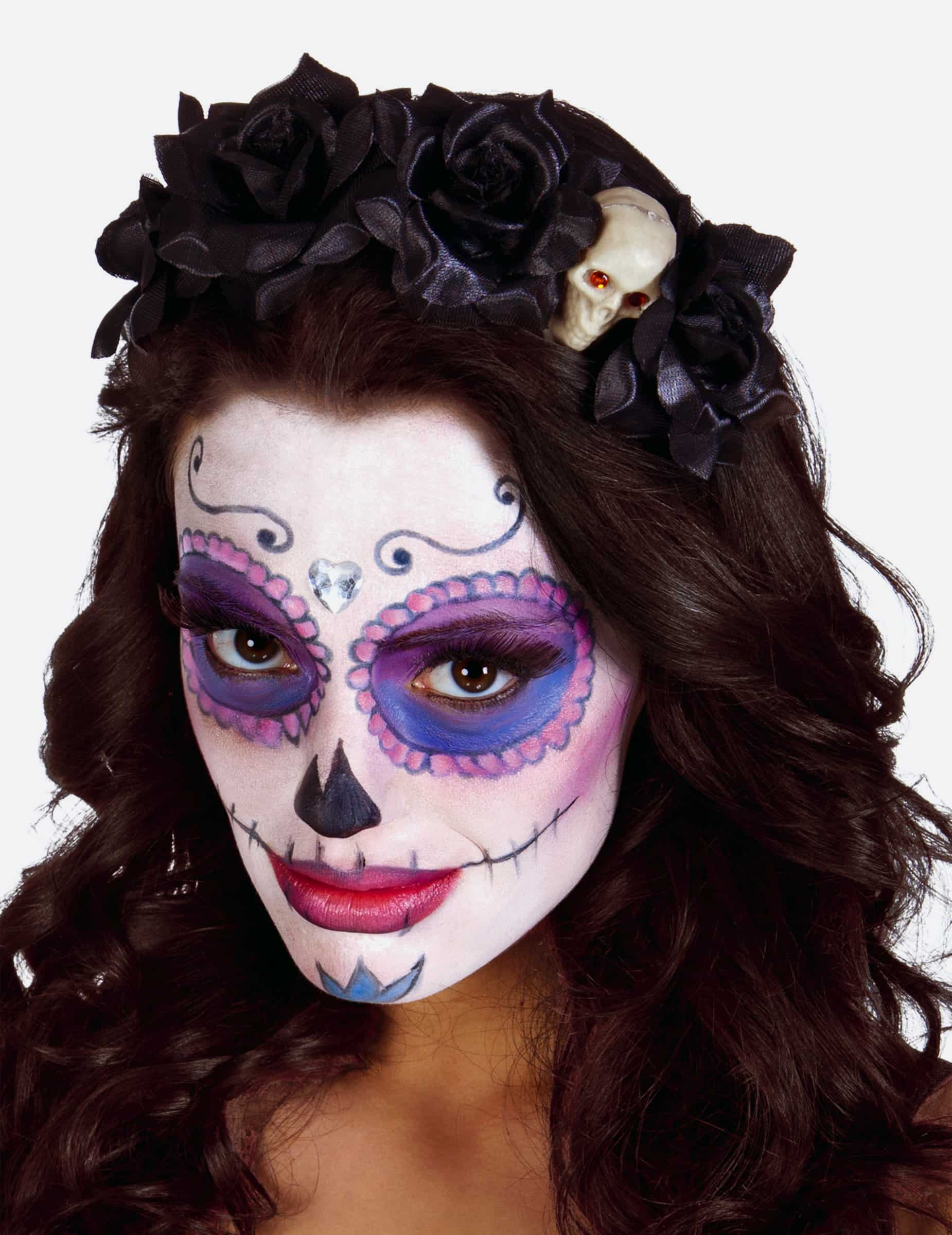 Dia de los Muertos Haarreif mit schwarzen Rosen und Totenschädel Halloween-Accessoire schwarz-beige