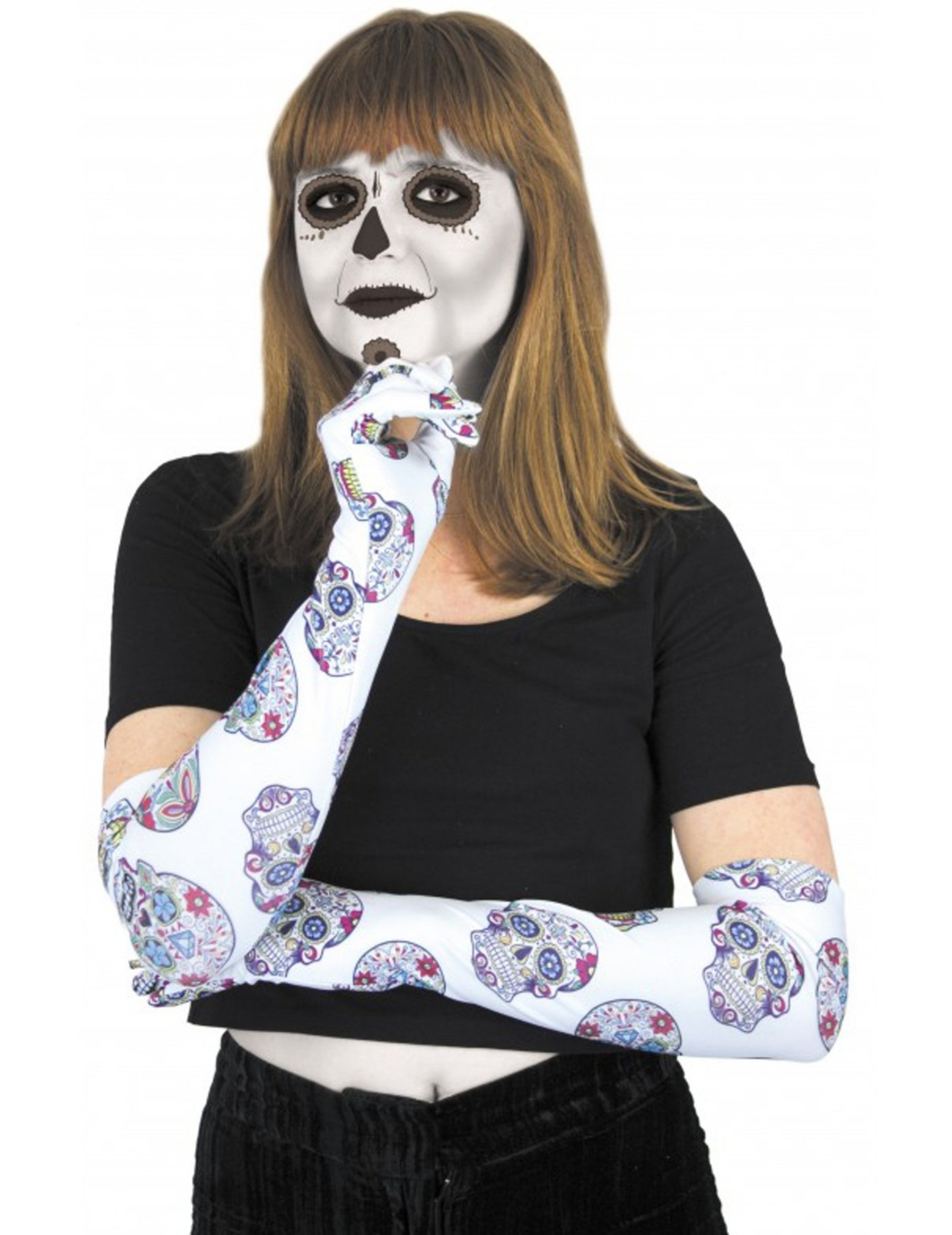 Día de los Muertos Handschuhe Halloween-Accessoire weiss-bunt